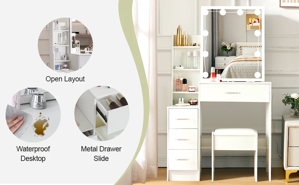 White Glam LED Vanity Dressing Table with Sliding Mirror 4 Drawers Stool 3 Color Dimmable Assembly Makeup Desk