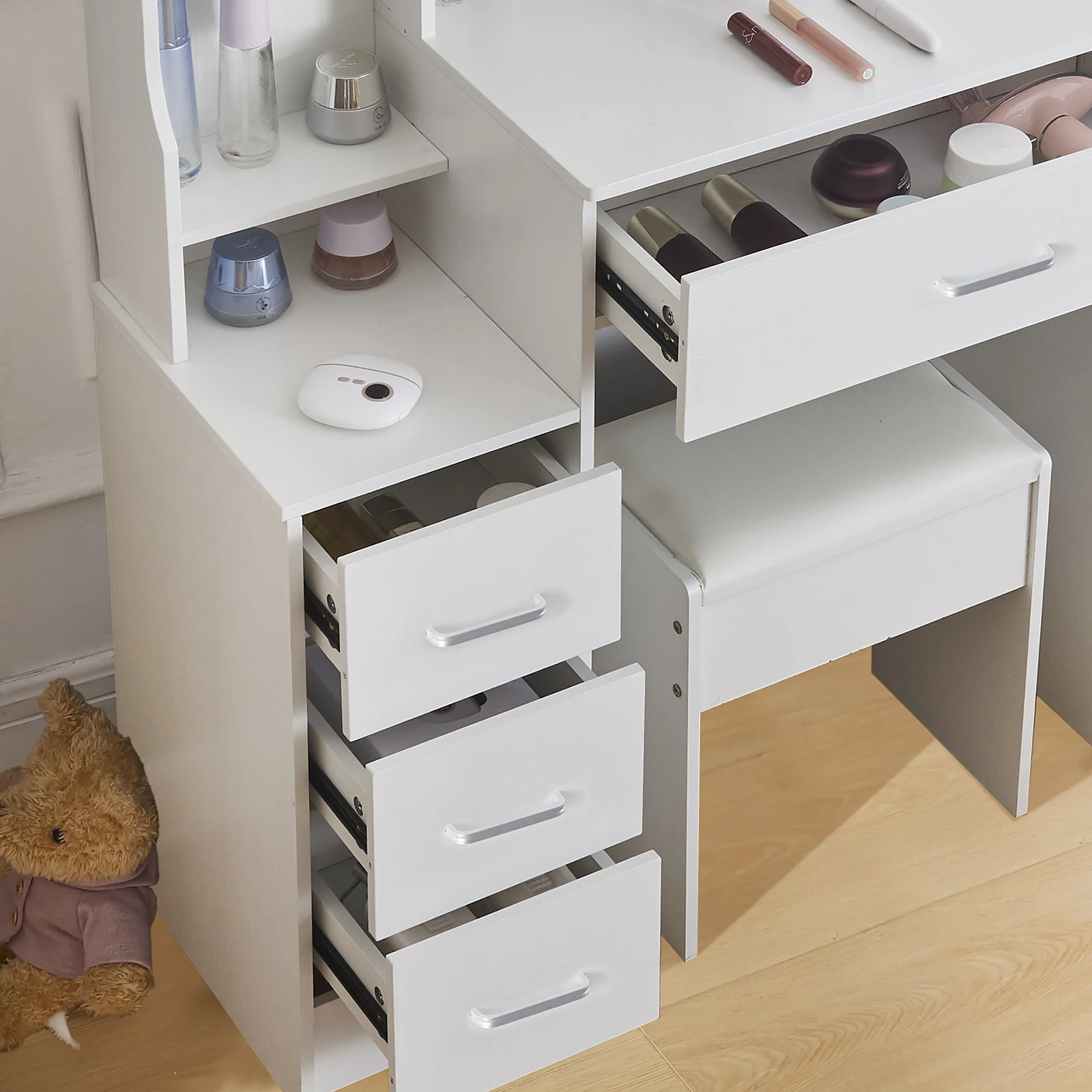 White Glam LED Vanity Dressing Table with Sliding Mirror 4 Drawers Stool 3 Color Dimmable Assembly Makeup Desk