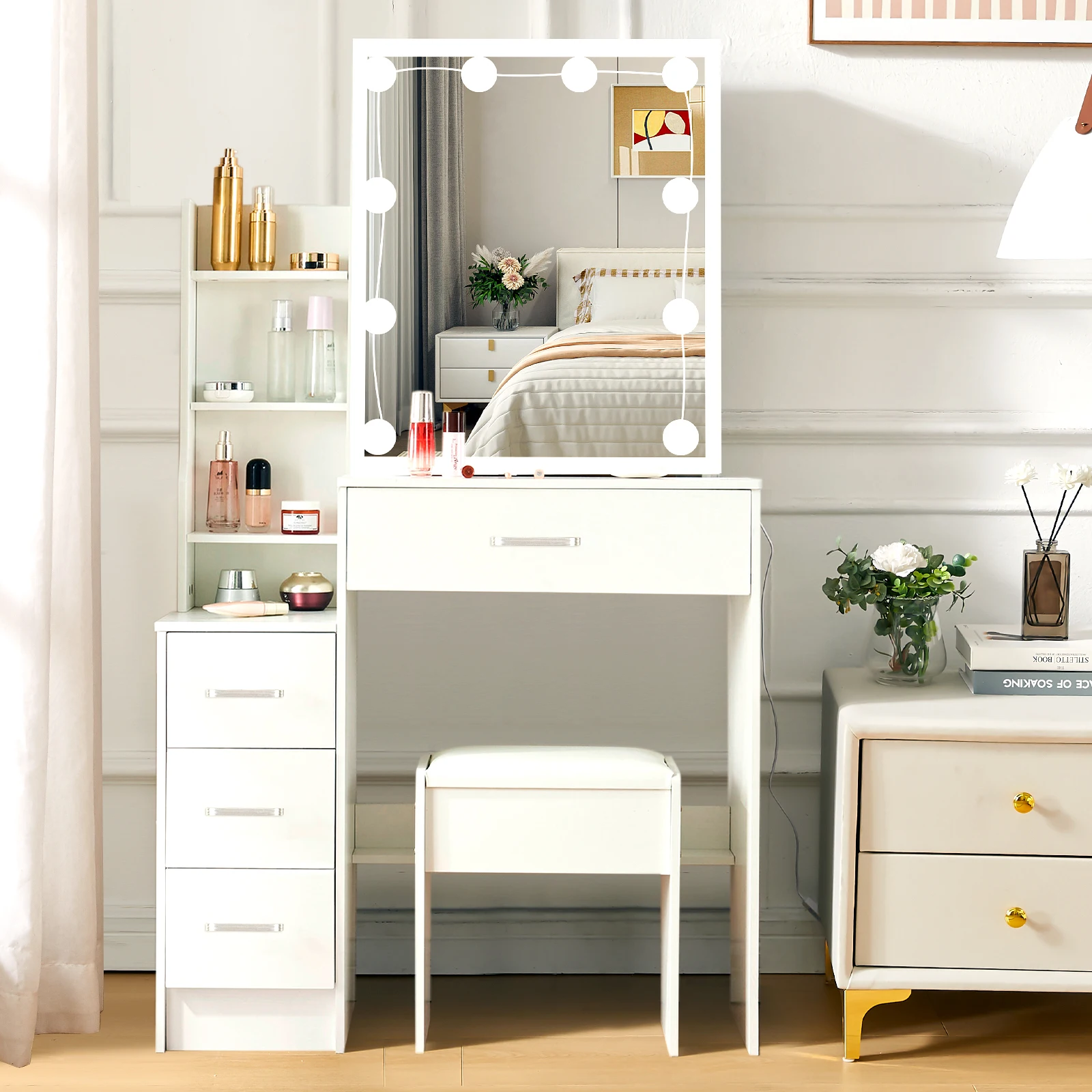 White Glam LED Vanity Dressing Table with Sliding Mirror 4 Drawers Stool 3 Color Dimmable Assembly Makeup Desk