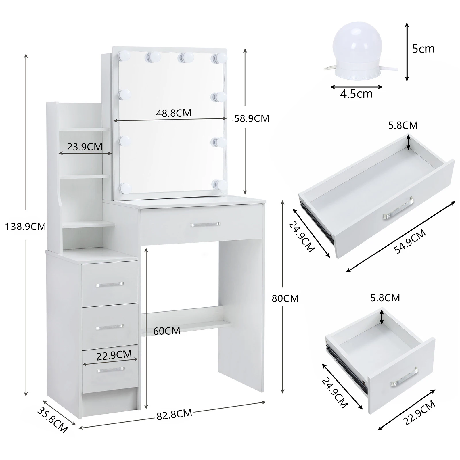 White Glam LED Vanity Dressing Table with Sliding Mirror 4 Drawers Stool 3 Color Dimmable Assembly Makeup Desk