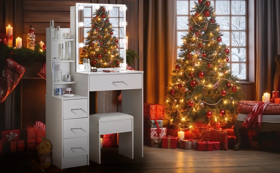 White Glam LED Vanity Dressing Table with Sliding Mirror 4 Drawers Stool 3 Color Dimmable Assembly Makeup Desk