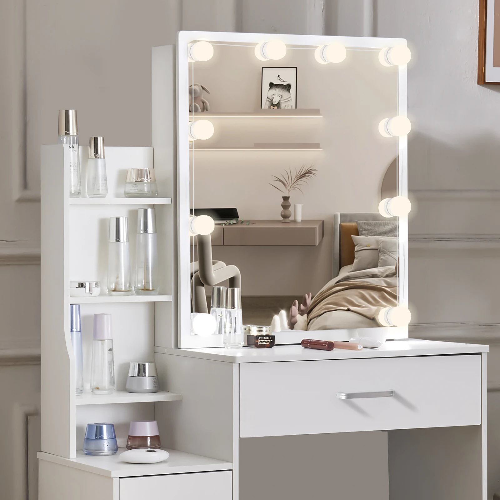 White Glam LED Vanity Dressing Table with Sliding Mirror 4 Drawers Stool 3 Color Dimmable Assembly Makeup Desk