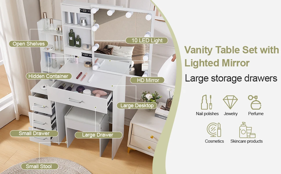 White Glam LED Vanity Dressing Table with Sliding Mirror 4 Drawers Stool 3 Color Dimmable Assembly Makeup Desk