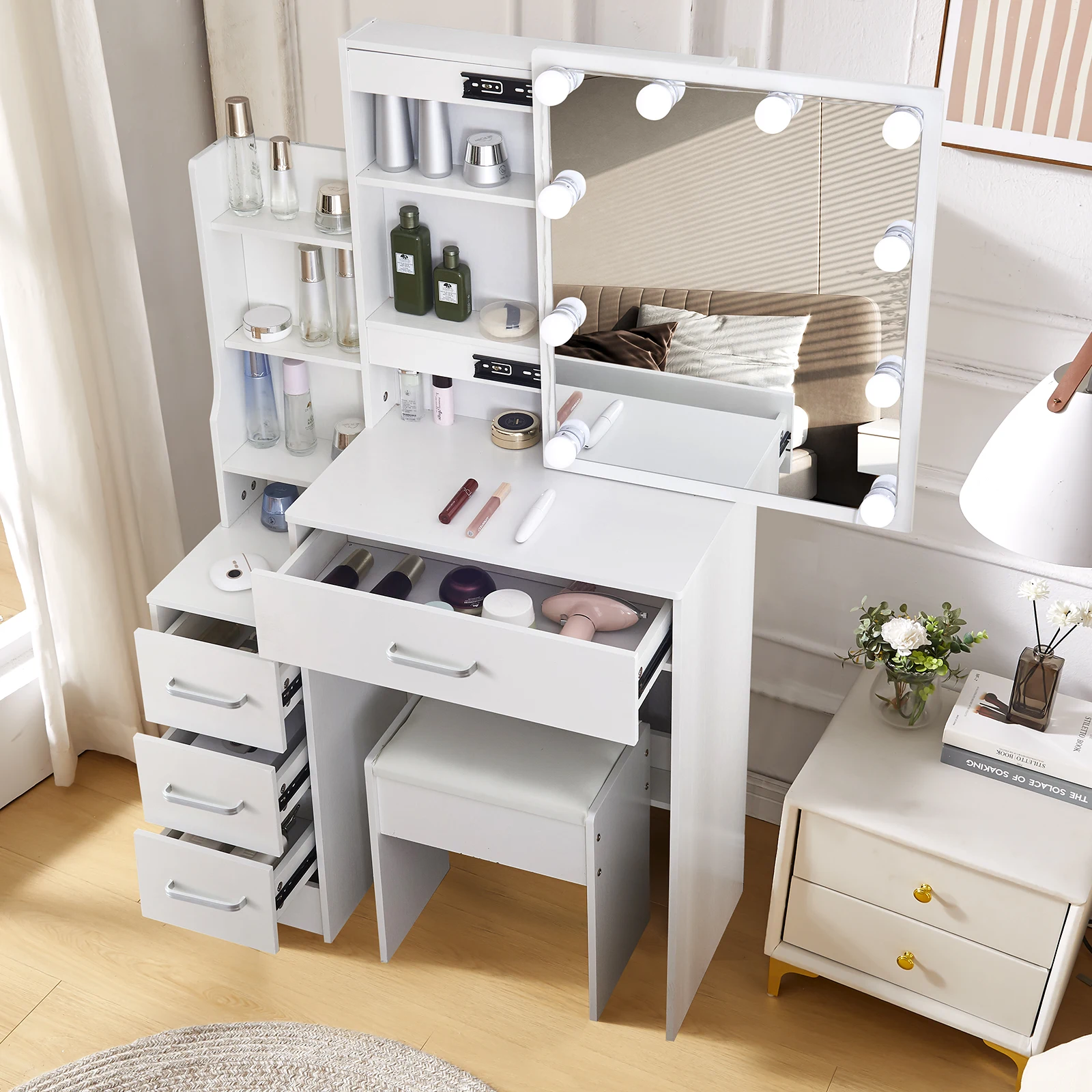 White Glam LED Vanity Dressing Table with Sliding Mirror 4 Drawers Stool 3 Color Dimmable Assembly Makeup Desk