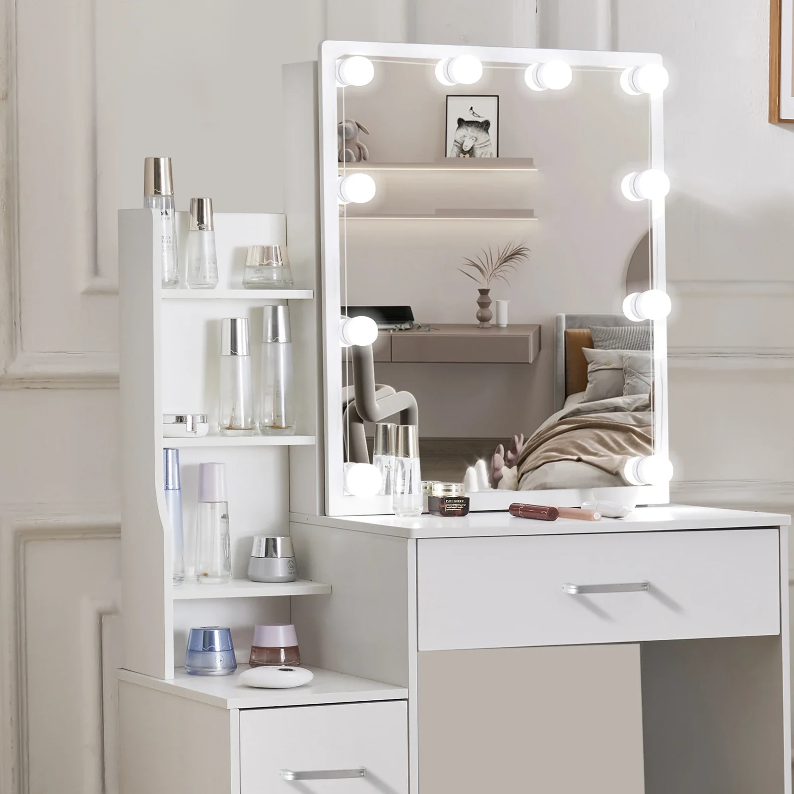White Glam LED Vanity Dressing Table with Sliding Mirror 4 Drawers Stool 3 Color Dimmable Assembly Makeup Desk