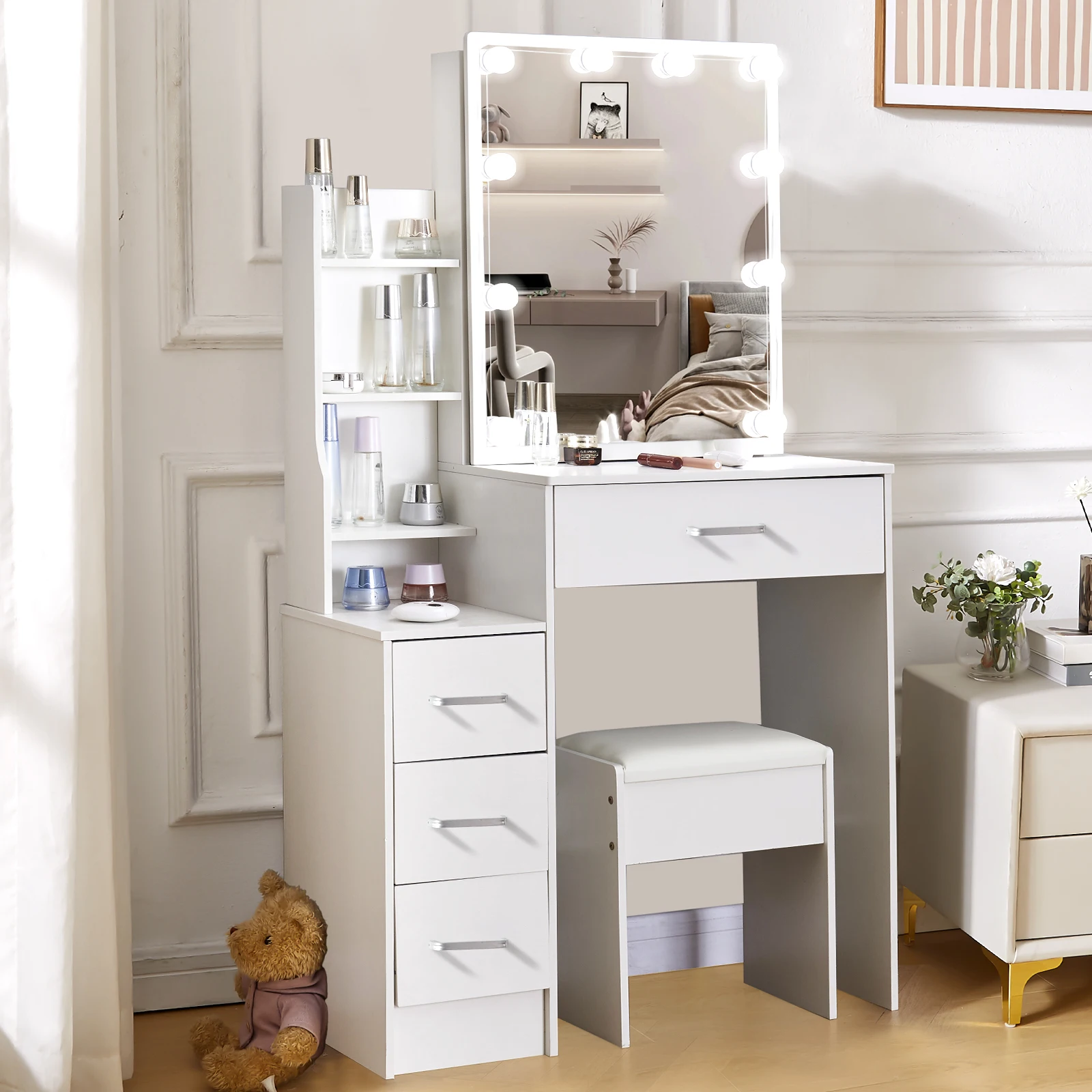 White Glam LED Vanity Dressing Table with Sliding Mirror 4 Drawers Stool 3 Color Dimmable Assembly Makeup Desk