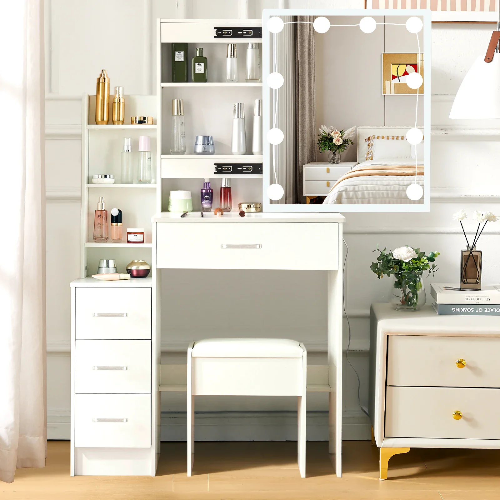 White Glam LED Vanity Dressing Table with Sliding Mirror 4 Drawers Stool 3 Color Dimmable Assembly Makeup Desk