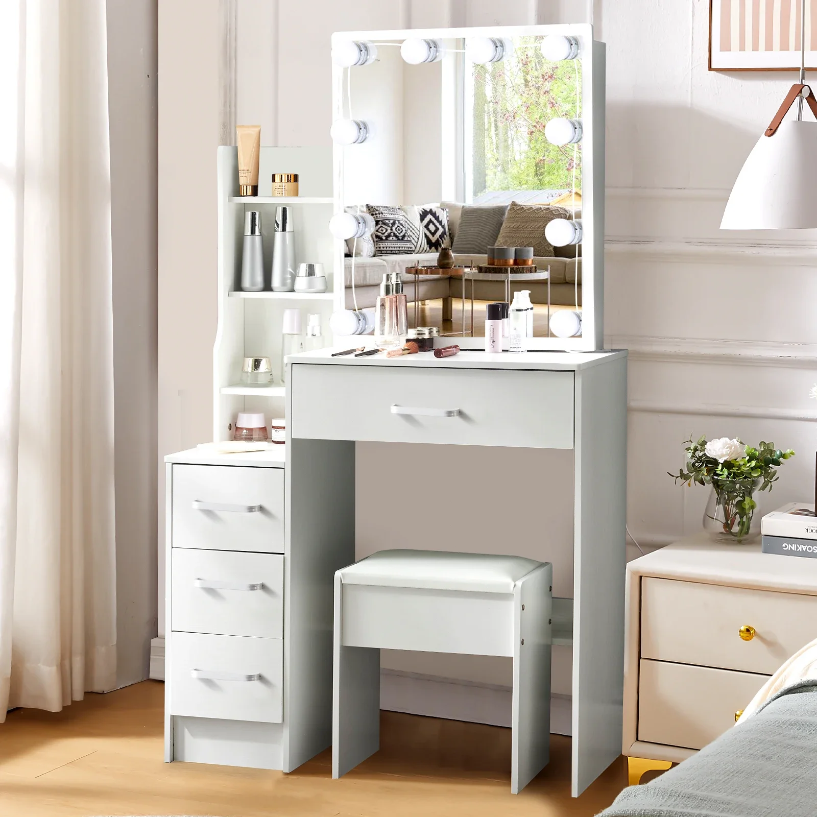 White Glam LED Vanity Dressing Table with Sliding Mirror 4 Drawers Stool 3 Color Dimmable Assembly Makeup Desk