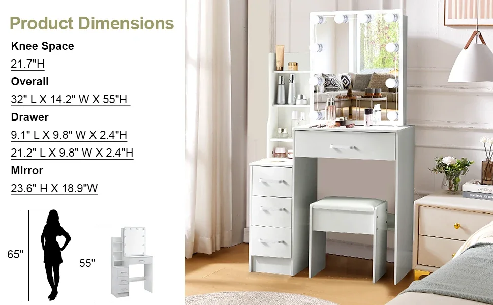 White Glam LED Vanity Dressing Table with Sliding Mirror 4 Drawers Stool 3 Color Dimmable Assembly Makeup Desk