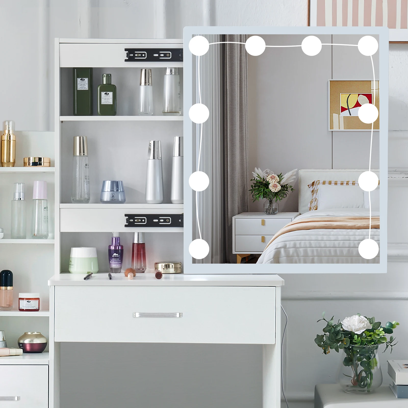 White Glam LED Vanity Dressing Table with Sliding Mirror 4 Drawers Stool 3 Color Dimmable Assembly Makeup Desk