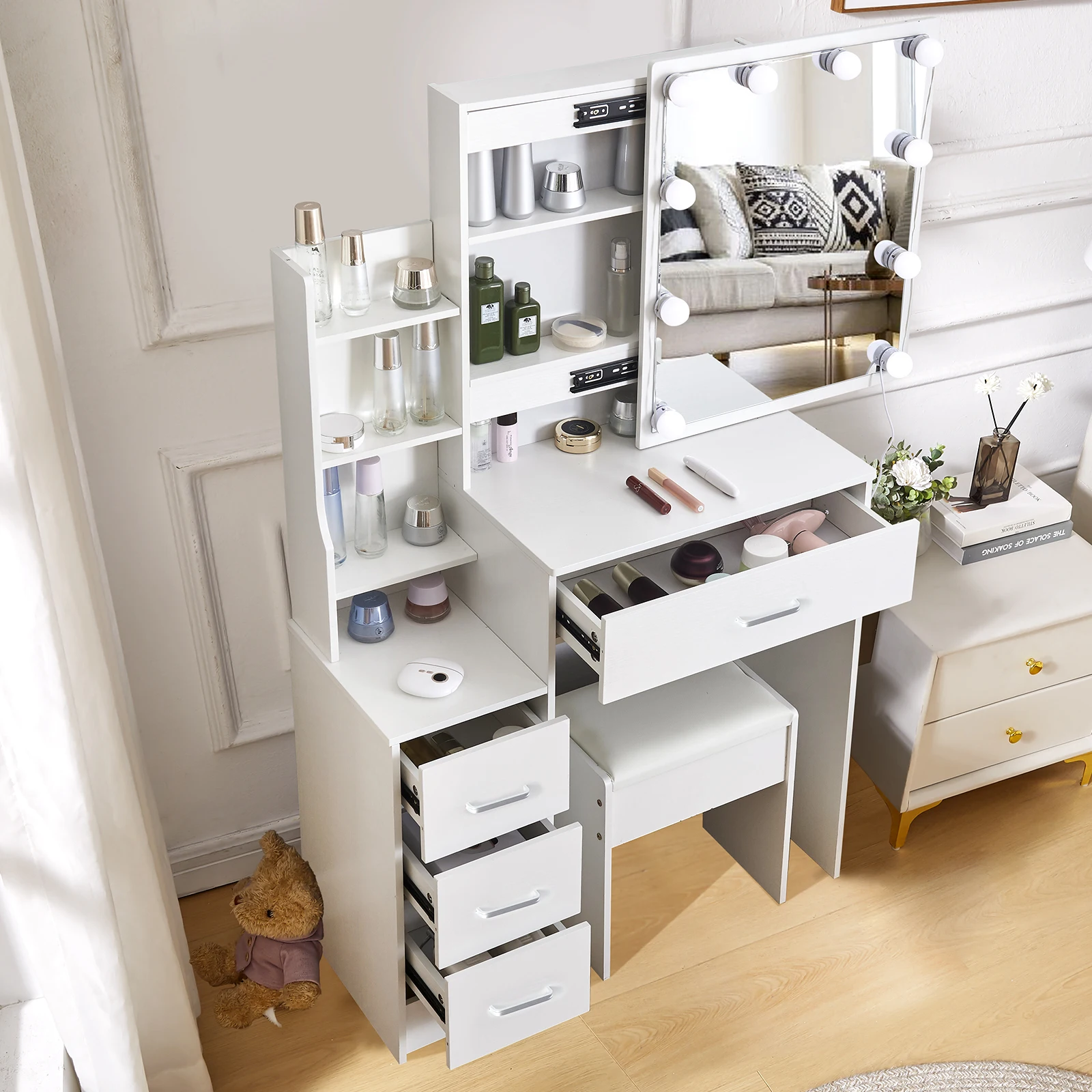 White Glam LED Vanity Dressing Table with Sliding Mirror 4 Drawers Stool 3 Color Dimmable Assembly Makeup Desk