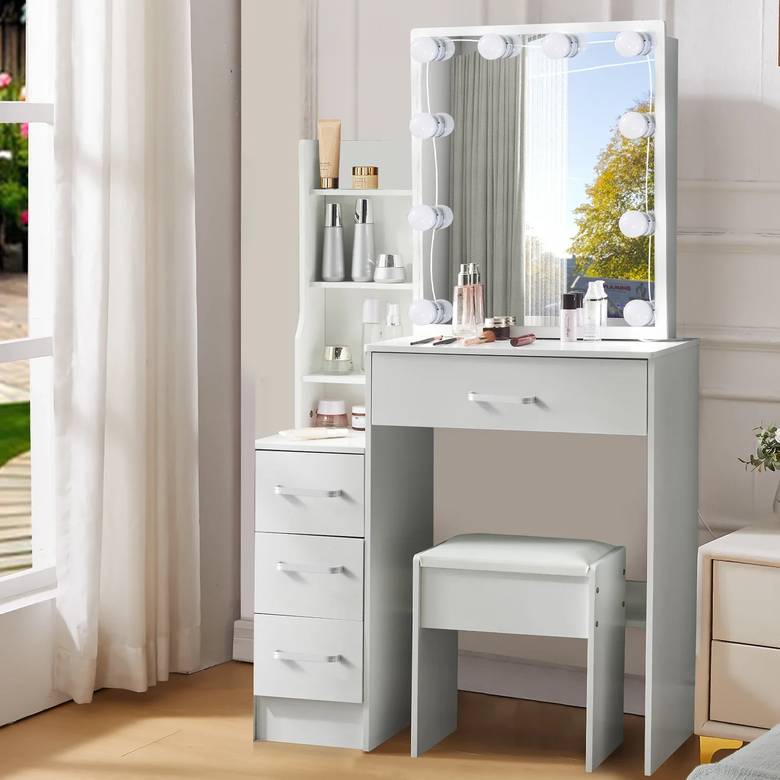 White Glam LED Vanity Dressing Table with Sliding Mirror 4 Drawers Stool 3 Color Dimmable Assembly Makeup Desk
