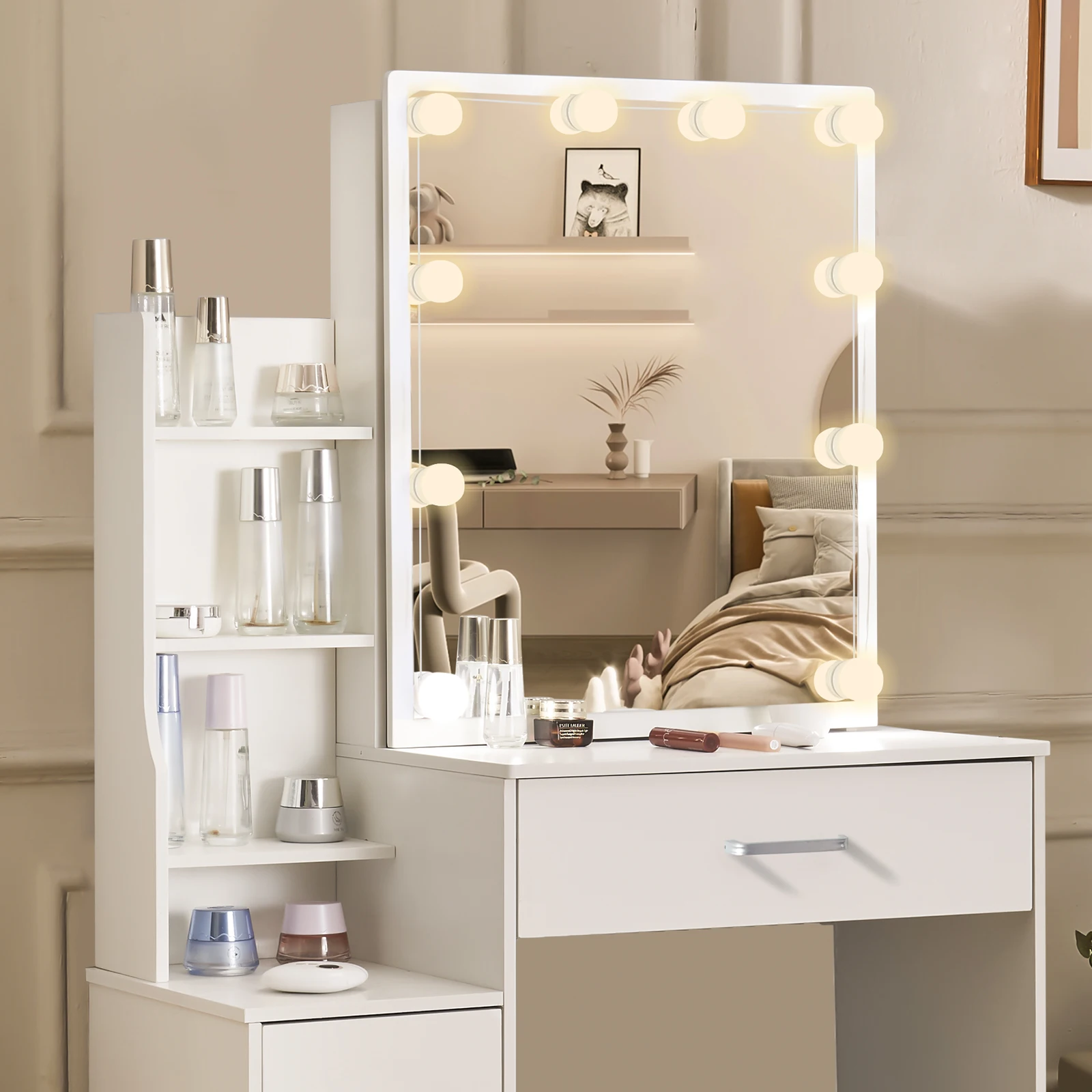White Glam LED Vanity Dressing Table with Sliding Mirror 4 Drawers Stool 3 Color Dimmable Assembly Makeup Desk