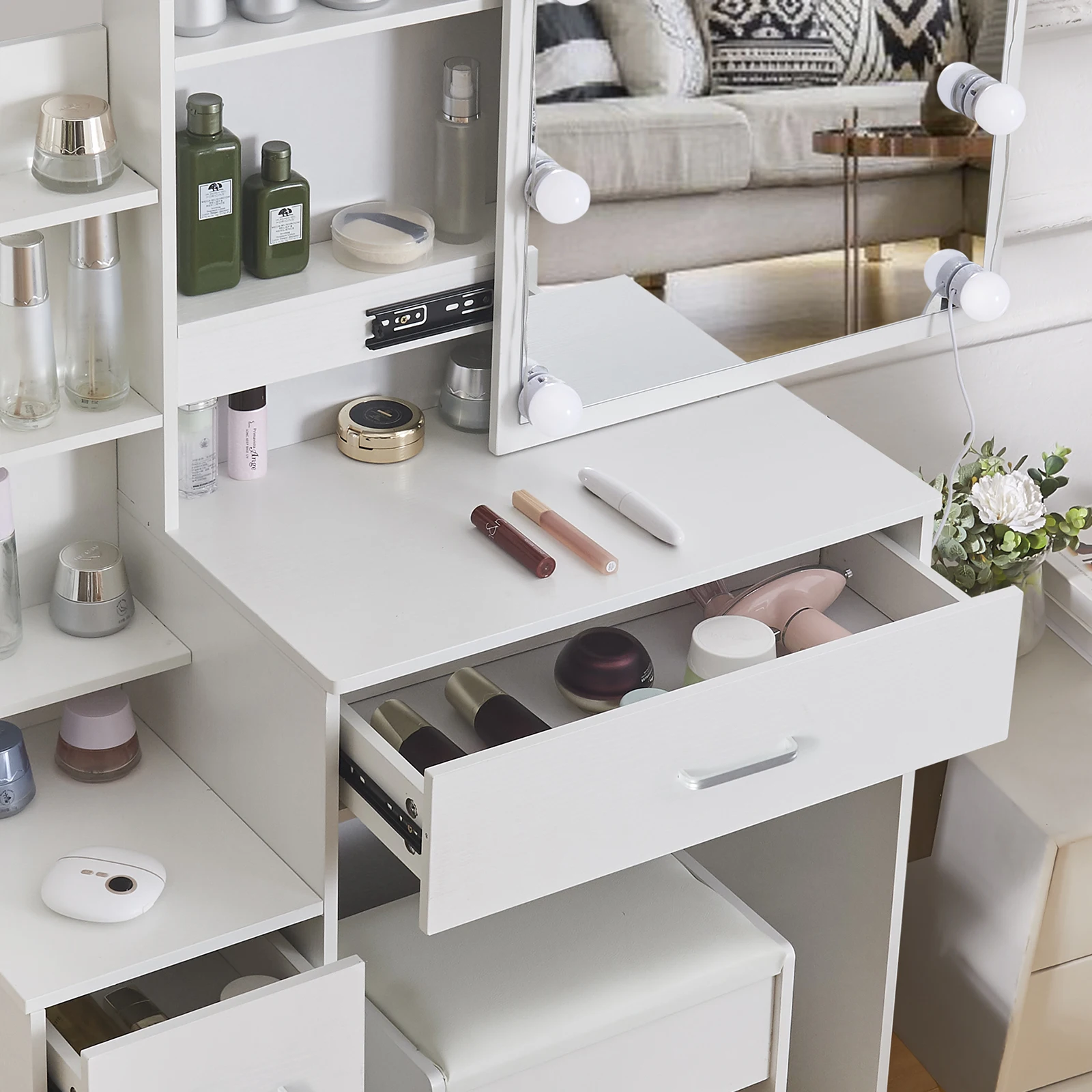 White Glam LED Vanity Dressing Table with Sliding Mirror 4 Drawers Stool 3 Color Dimmable Assembly Makeup Desk