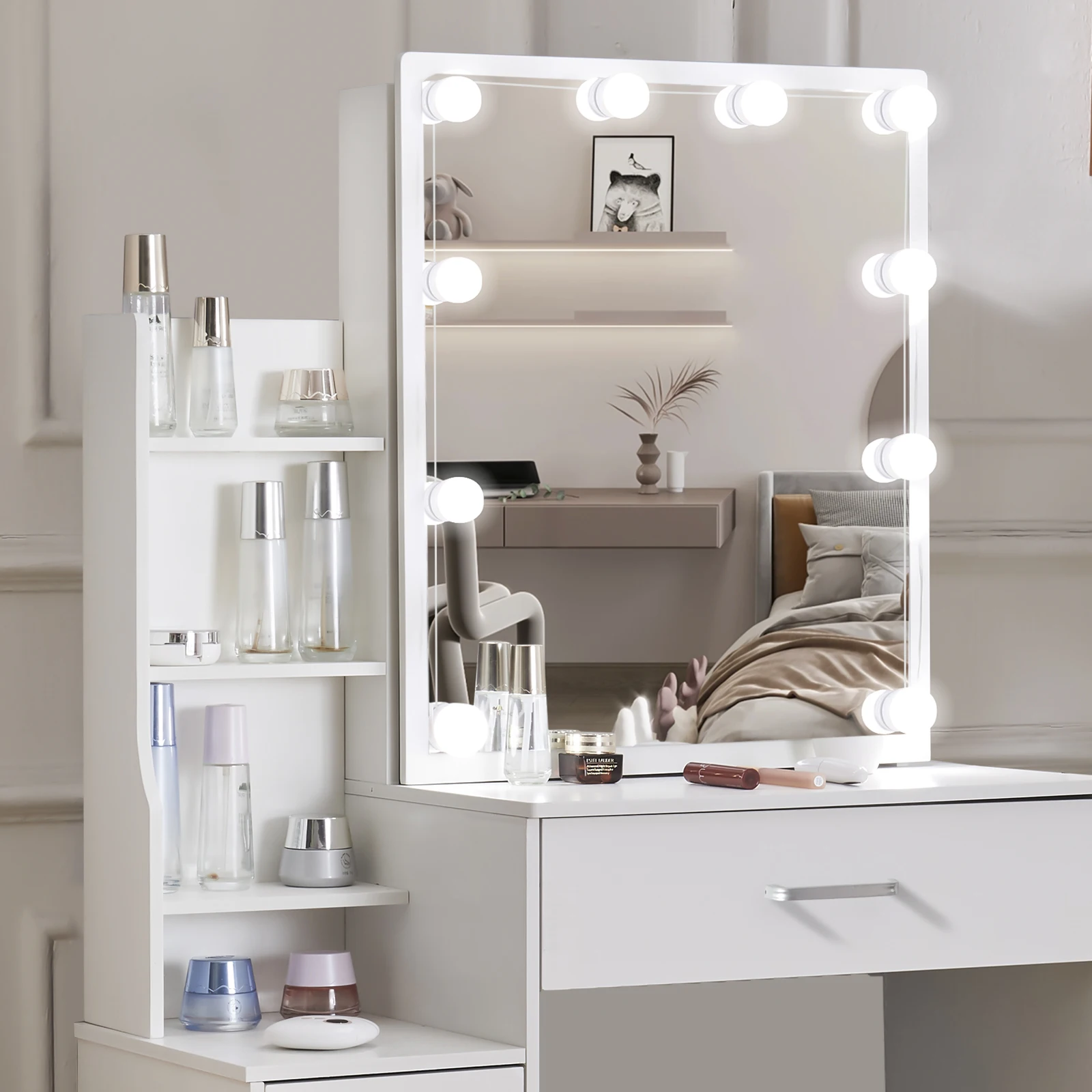 White Glam LED Vanity Dressing Table with Sliding Mirror 4 Drawers Stool 3 Color Dimmable Assembly Makeup Desk