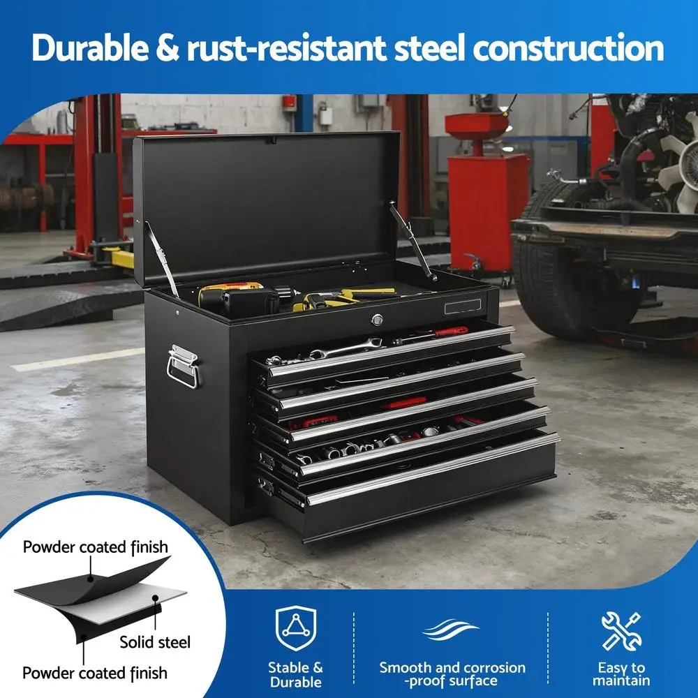 5 Drawer Lockable Tool Chest Cabinet Garage Storage Organizer Black Heavy Duty Steel Rolling Cabinet