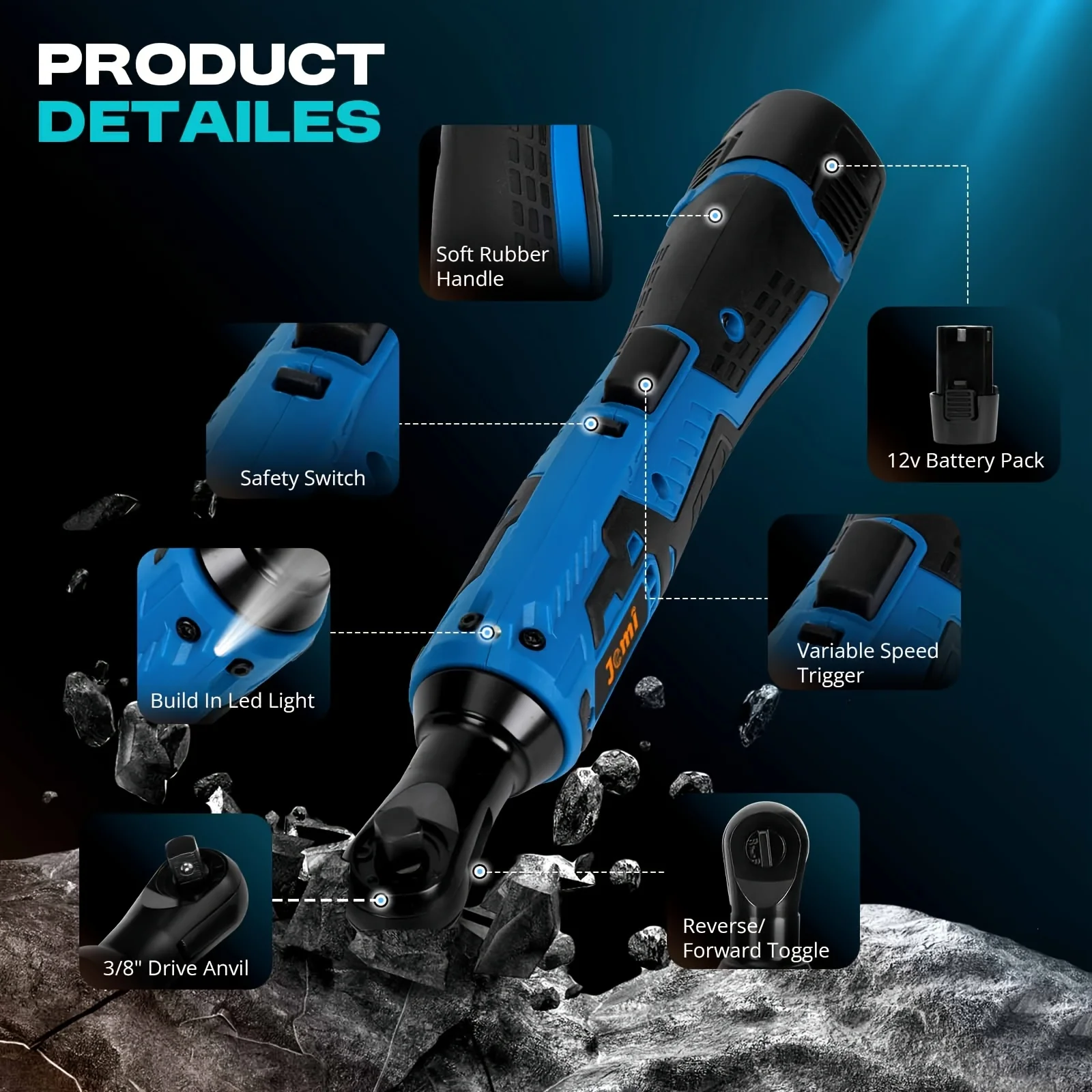 Jemi Tool 12V Electric Ratchet Wrench Set, 40N.m, 3/8'' Cordless Electric Wrench, Equipped with 7 Sockets and LED Light, Suitable for Automotive Maintenance, Disassembling Screws and Nuts, and a Variable-Speed Ratchet Wrench for Use in Narrow Spaces.