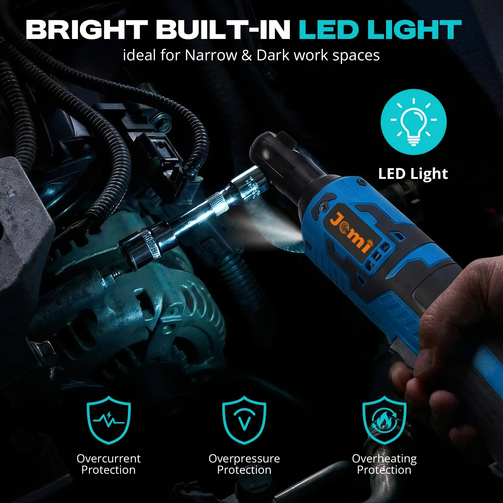 Jemi Tool 12V Electric Ratchet Wrench Set, 40N.m, 3/8'' Cordless Electric Wrench, Equipped with 7 Sockets and LED Light, Suitable for Automotive Maintenance, Disassembling Screws and Nuts, and a Variable-Speed Ratchet Wrench for Use in Narrow Spaces.
