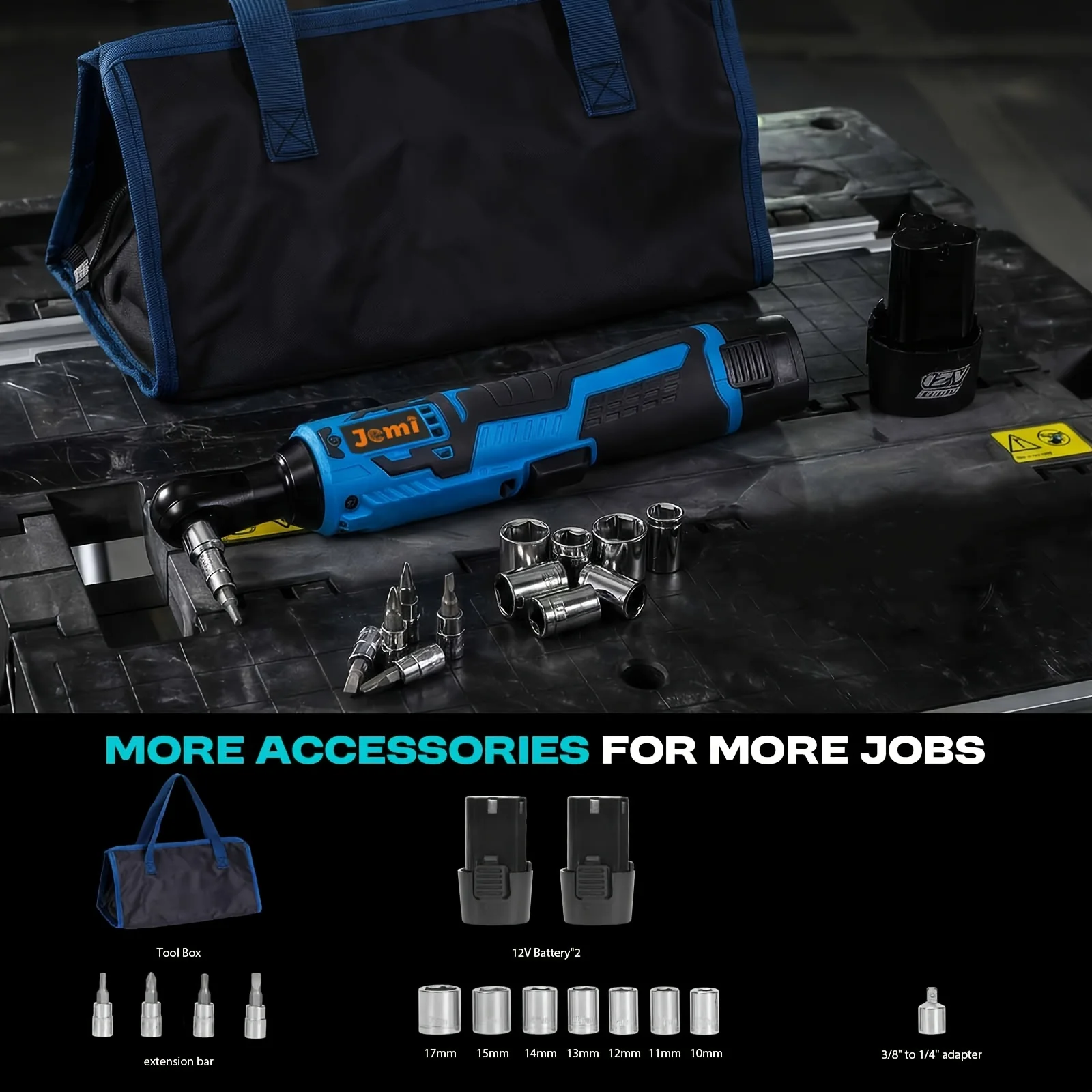 Jemi Tool 12V Electric Ratchet Wrench Set, 40N.m, 3/8'' Cordless Electric Wrench, Equipped with 7 Sockets and LED Light, Suitable for Automotive Maintenance, Disassembling Screws and Nuts, and a Variable-Speed Ratchet Wrench for Use in Narrow Spaces.