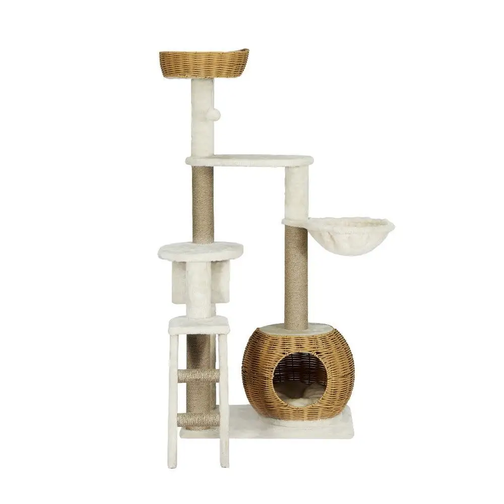 138cm Multi Level Cat Tree Scratch Post Wooden Bed Condo House Rattan Ladder Indoor Cat Activity Center