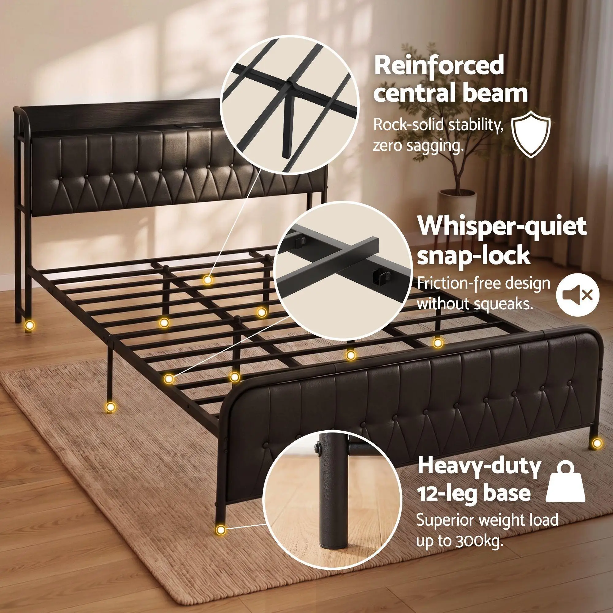 King Bed Frame with Storage Headboard SAA Certified Charging Station Platform Bed with USB Power Outlets and Extra Storage for Bedroom