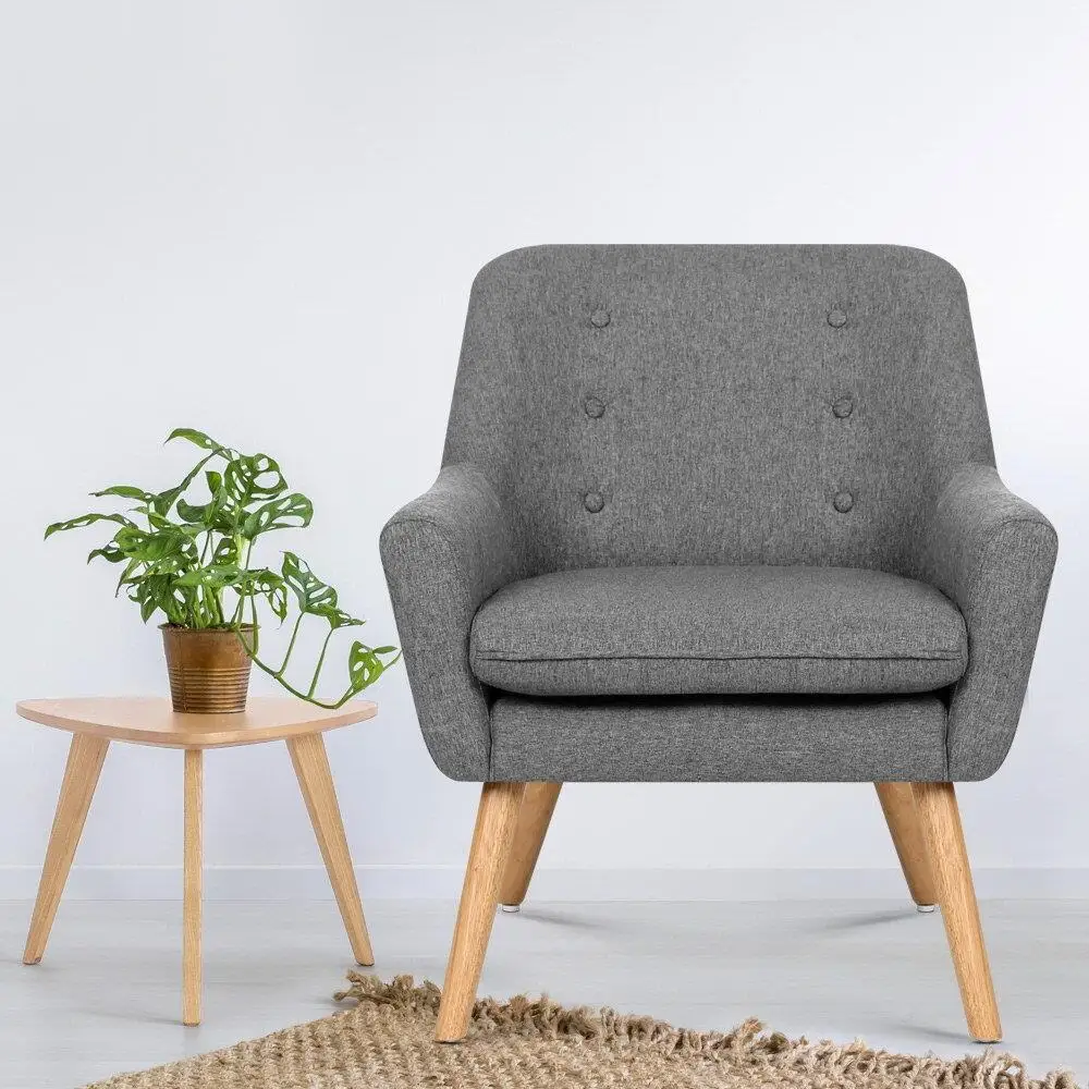 Grey Charcoal Linen Fabric Armchair Modern Upholstered Accent Chair Home Living Room Furniture