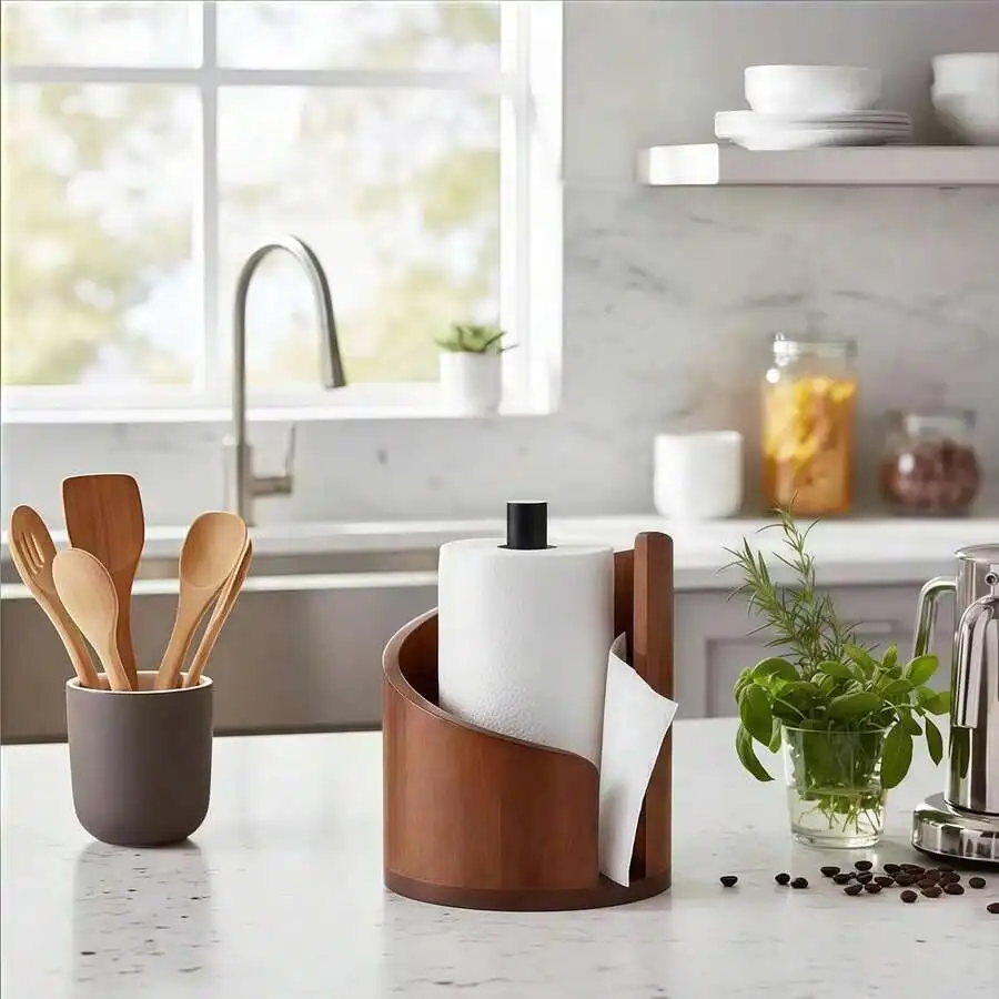 1pc Solid Wood Round Small Toilet Paper Holder, Compact Space-Saving Desktop Tissue Storage Rack, Natural Wood Color,