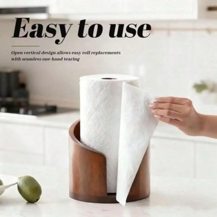 1pc Solid Wood Round Small Toilet Paper Holder, Compact Space-Saving Desktop Tissue Storage Rack, Natural Wood Color,