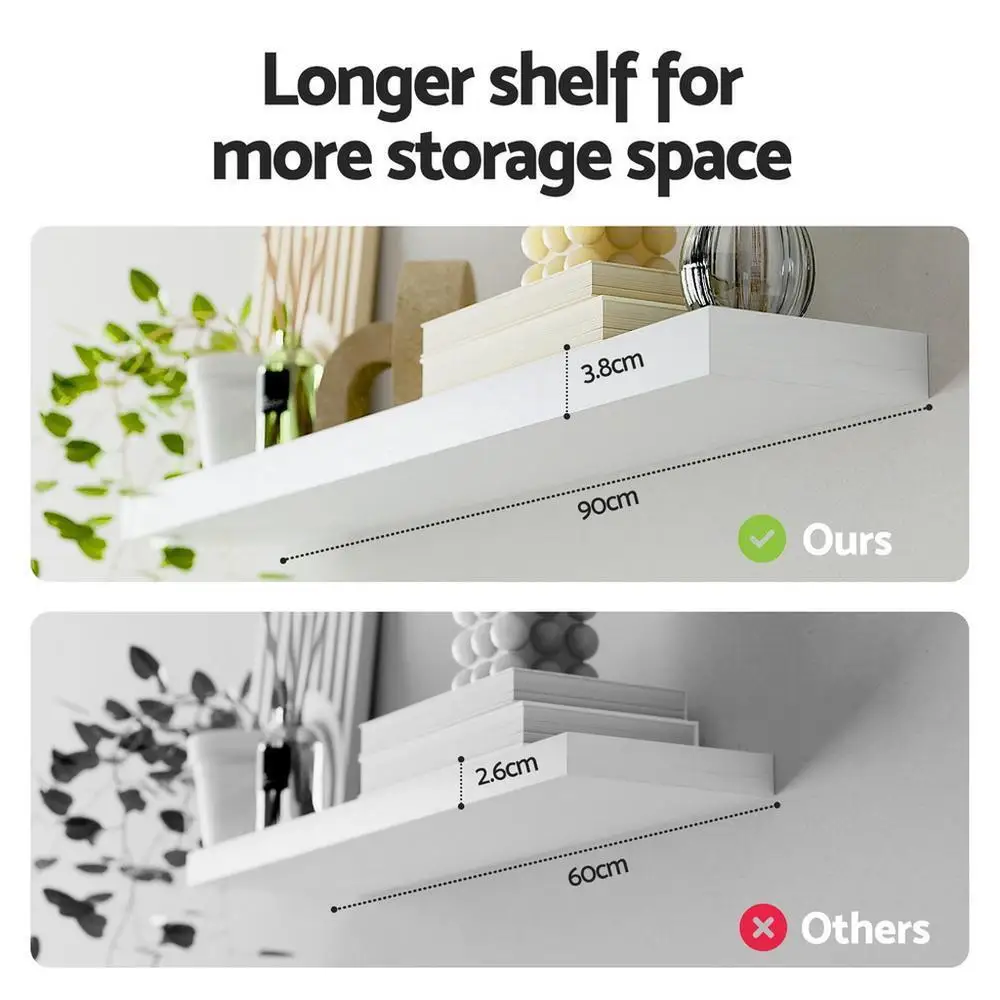 Floating Wall Shelf Set of 2 White 90cm Modern Minimalist Wood Wall Mounted Storage Shelves for Living Room Bedroom Bathroom Organizer