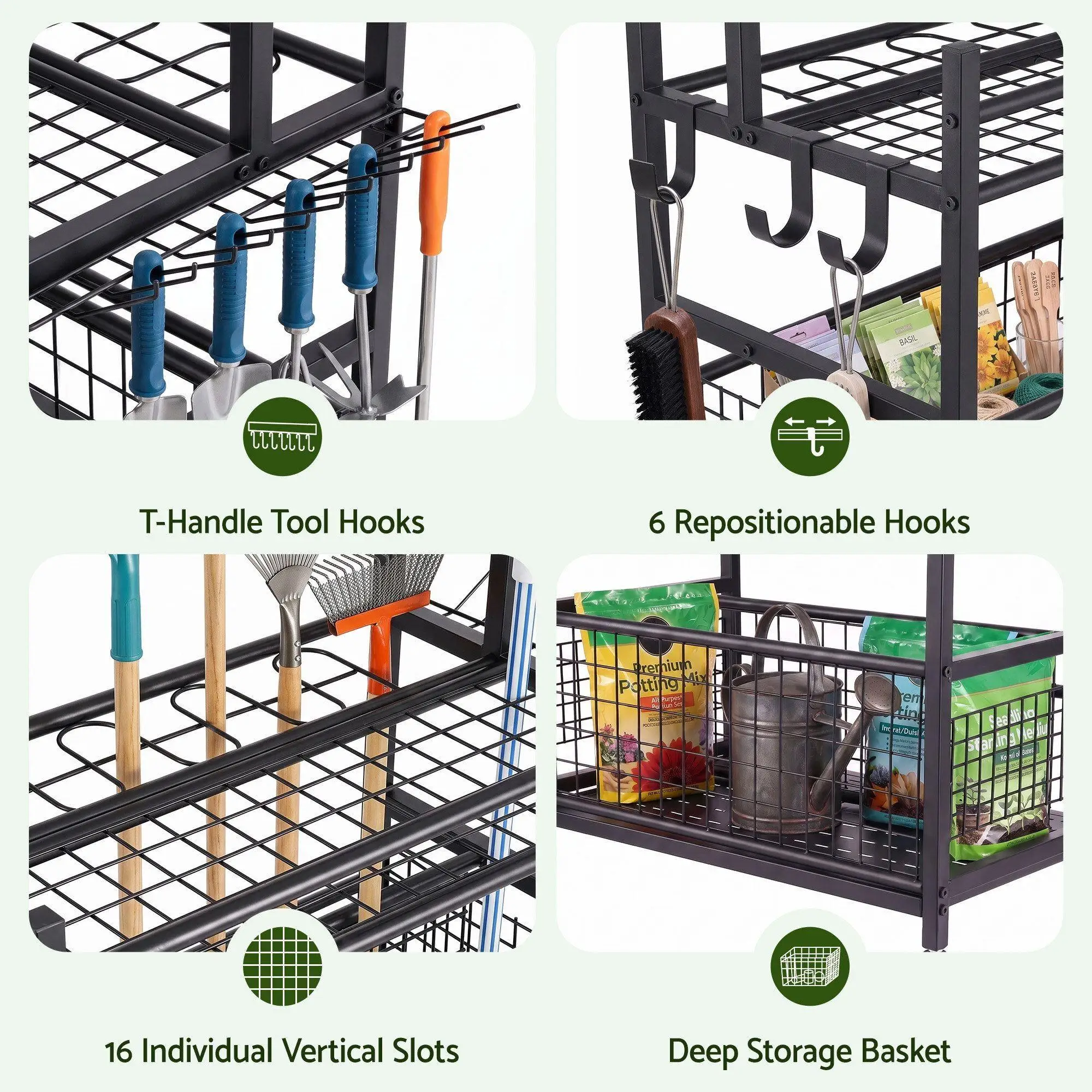 Garden Tool Organizer Rack 16 Slot Rolling Garage Storage Cart with Hooks
