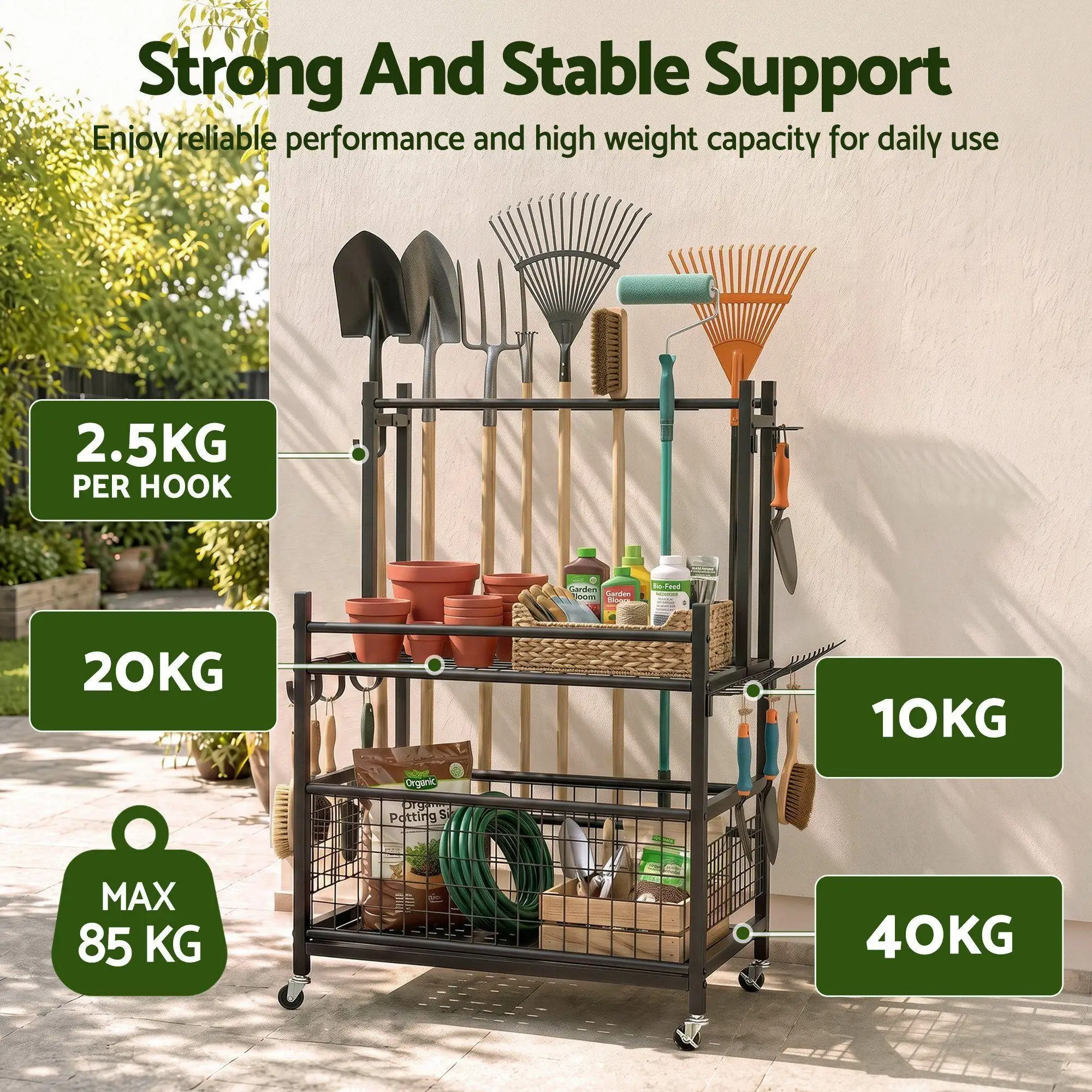 Garden Tool Organizer Rack 16 Slot Rolling Garage Storage Cart with Hooks