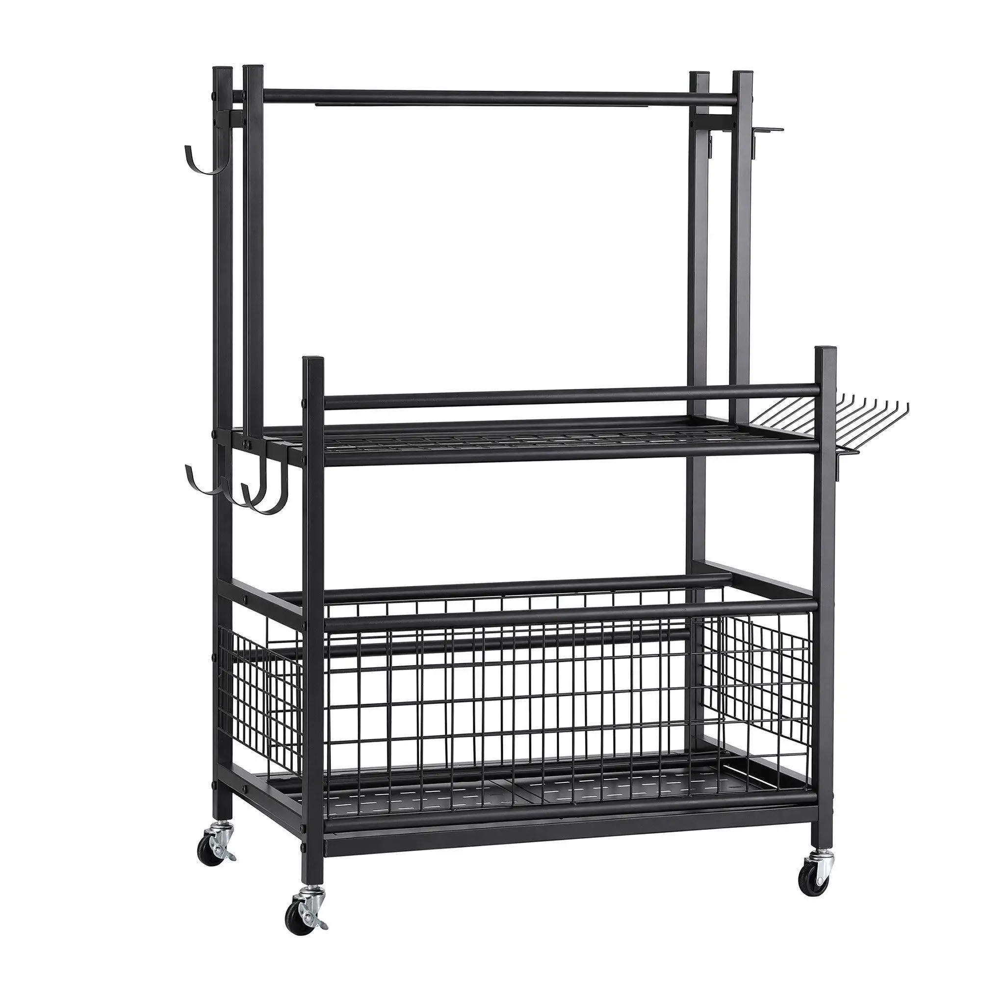 Garden Tool Organizer Rack 16 Slot Rolling Garage Storage Cart with Hooks
