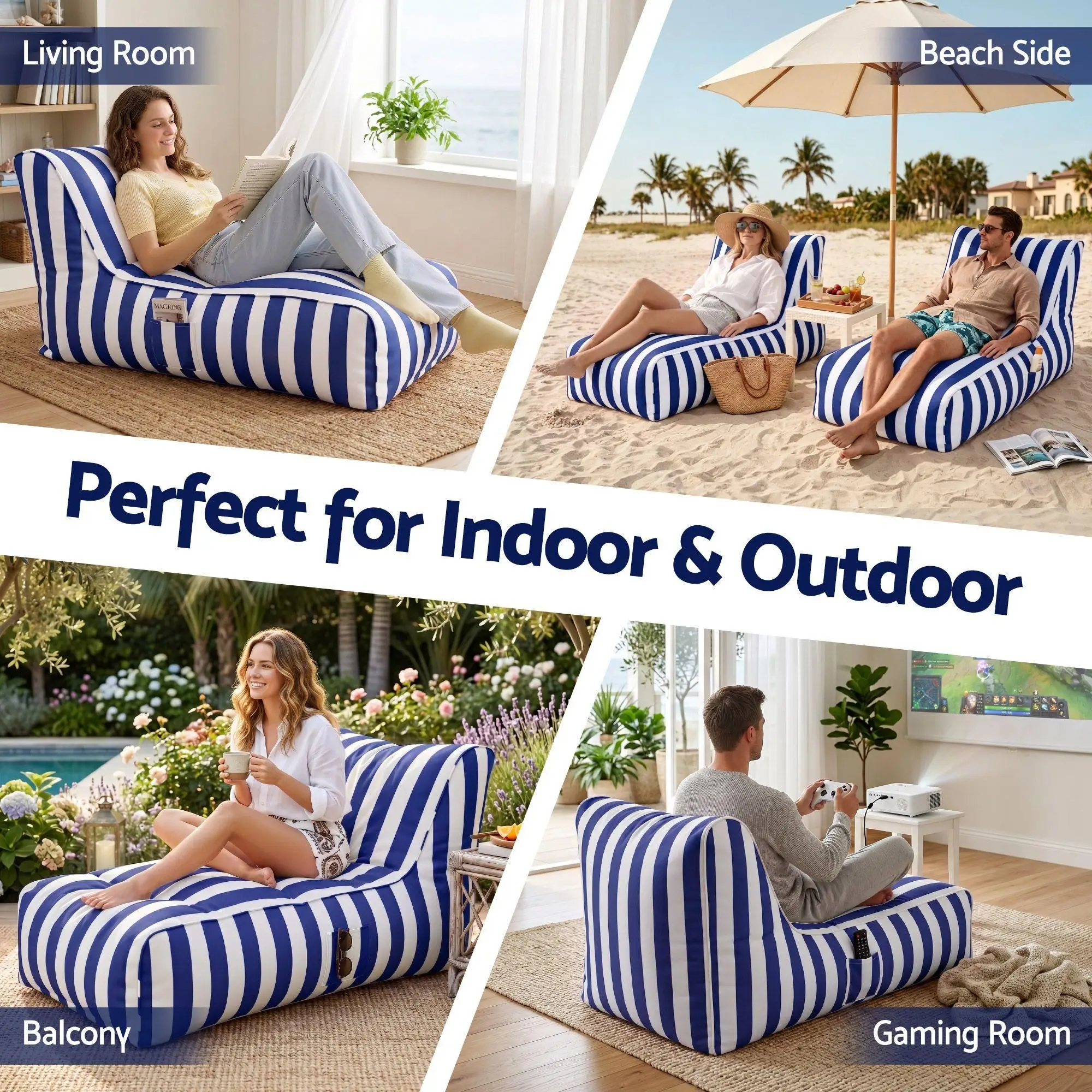 Outdoor Bean Bag Chair Cover Splash Proof Beanbag Lounge Cover Stuffed Animal Storage Cover for patio Poolside Relaxing Blue