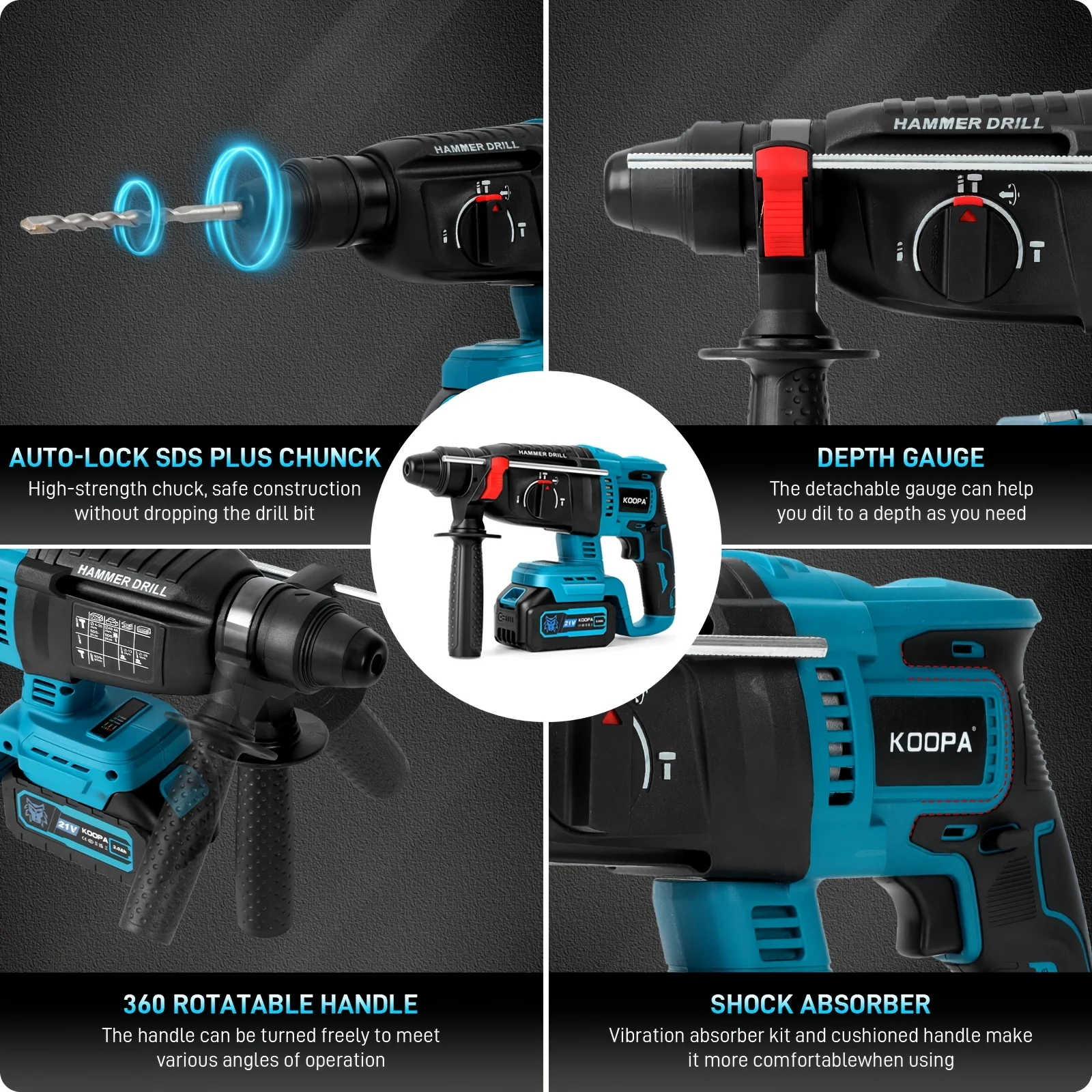 Koopa Tool Cordless Brushless Electric Hammer, Equipped with Various Scene Usage Accessories, Detachable 3.0AH Large-Capacity Battery, and a Rotating Auxiliary Handle
