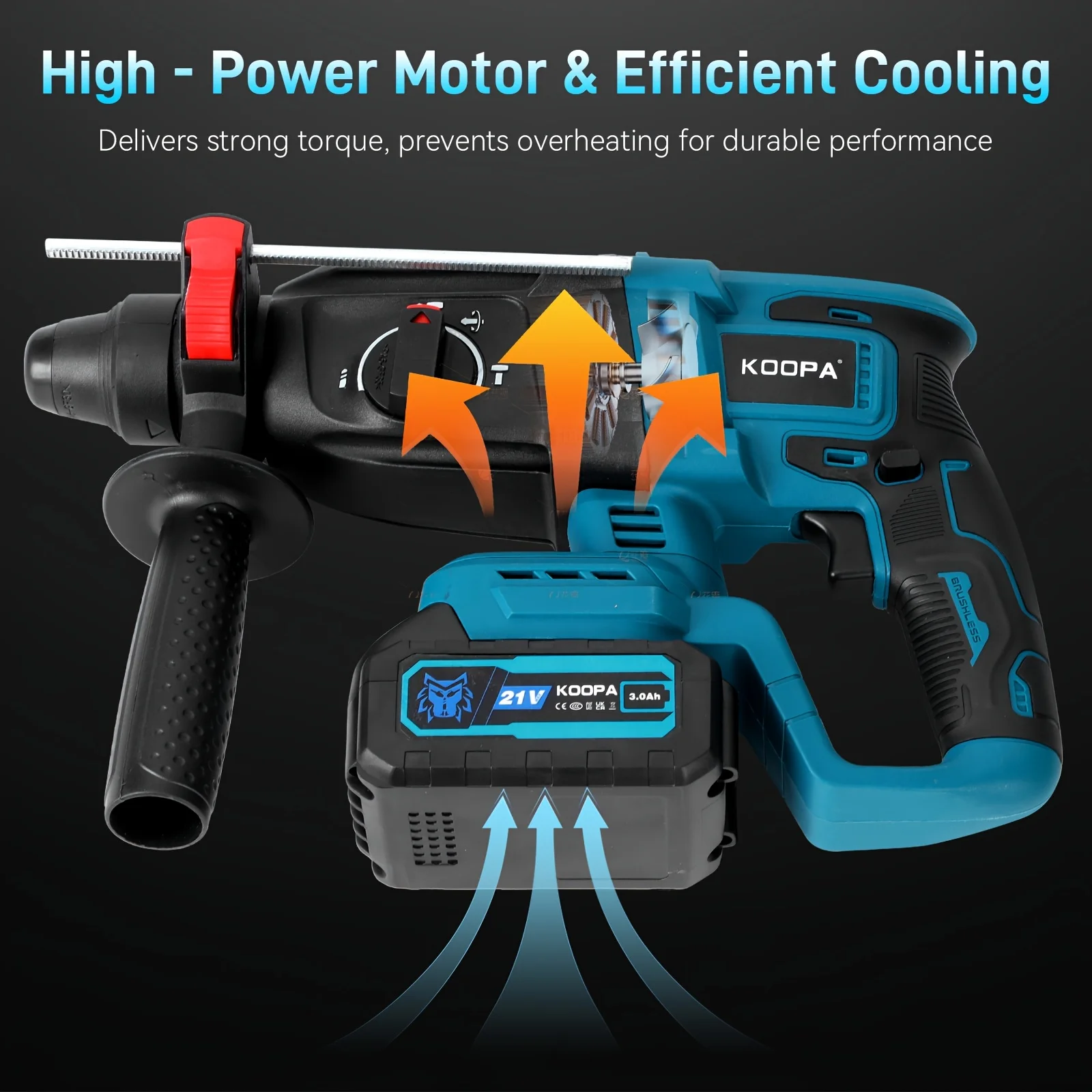 Koopa Tool Cordless Brushless Electric Hammer, Equipped with Various Scene Usage Accessories, Detachable 3.0AH Large-Capacity Battery, and a Rotating Auxiliary Handle