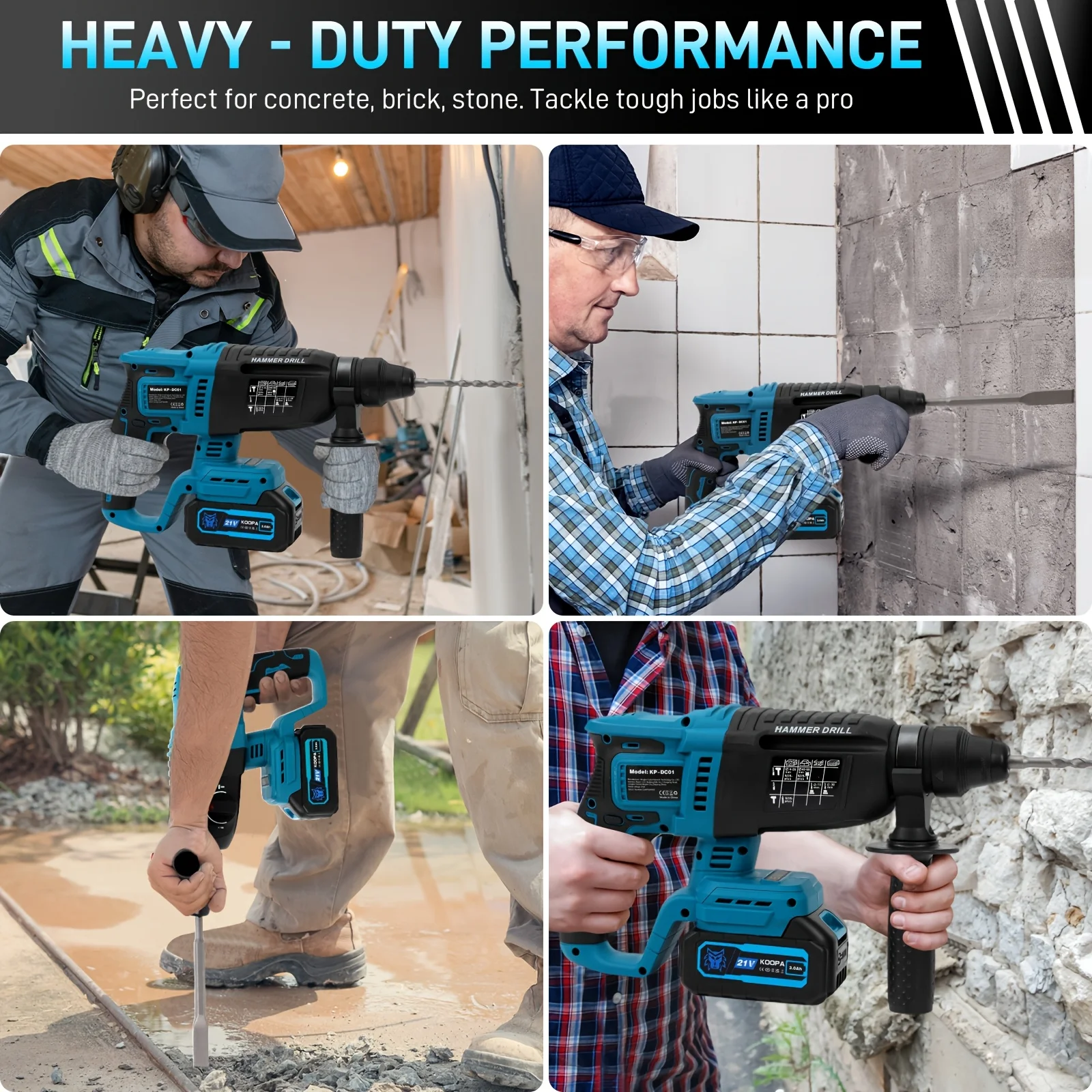 Koopa Tool Cordless Brushless Electric Hammer, Equipped with Various Scene Usage Accessories, Detachable 3.0AH Large-Capacity Battery, and a Rotating Auxiliary Handle