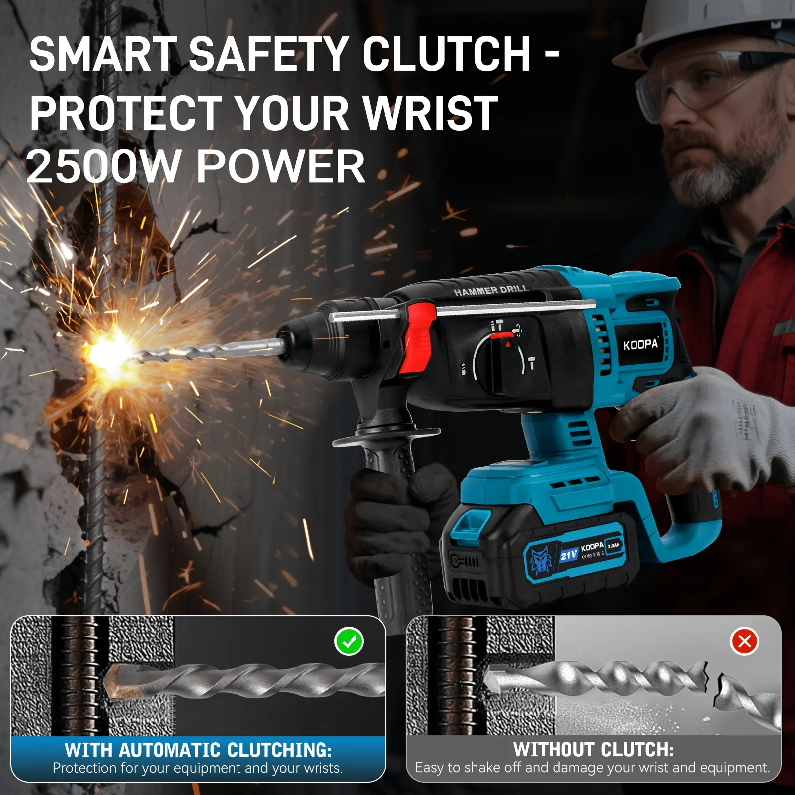 Koopa Tool Cordless Brushless Electric Hammer, Equipped with Various Scene Usage Accessories, Detachable 3.0AH Large-Capacity Battery, and a Rotating Auxiliary Handle
