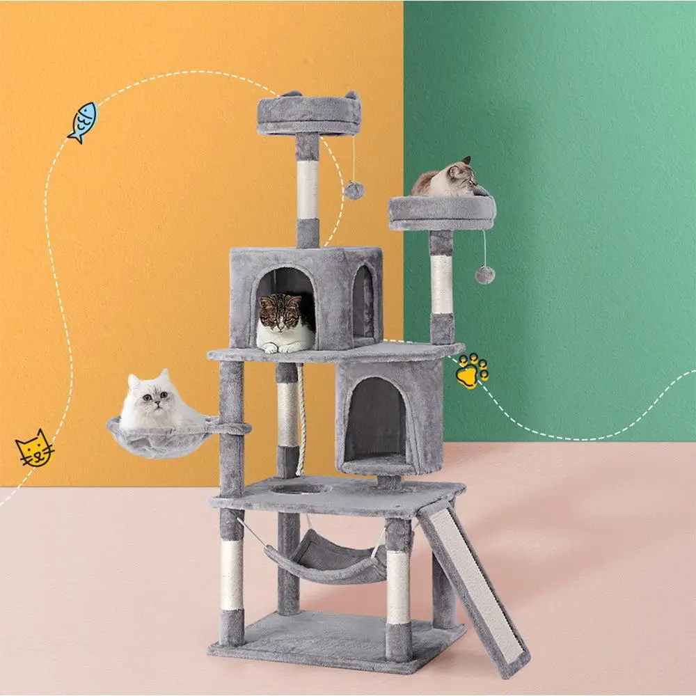 161cm Grey Cat Tree Tower Condo Scratching Post Multi Level Sisal Scratcher House for Indoor Cats