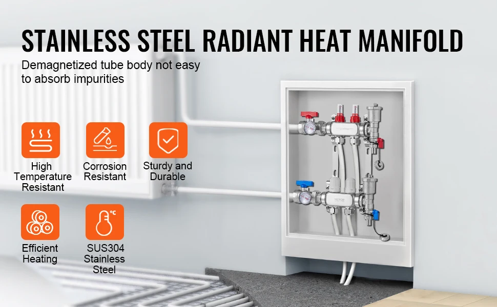 SucceBuy 2-Branch Radiant Heat Manifold 1/2" PEX Tubing Manifold Stainless Steel PEX Manifold for Hydronic Radiant Floor Heating