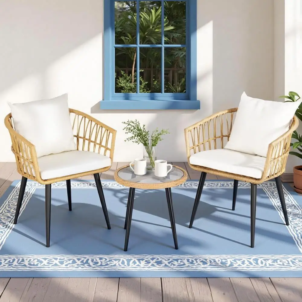 3 Piece Outdoor Bistro Set Patio Furniture Table and Chairs Natural Lounge Dining Set