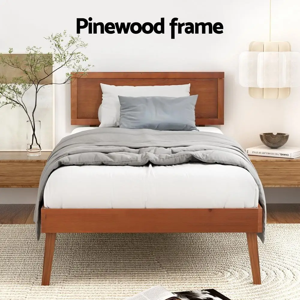Single Size Wooden Bed Frame Walnut Finish Minimalist Bed Base for Home Bedroom Furniture