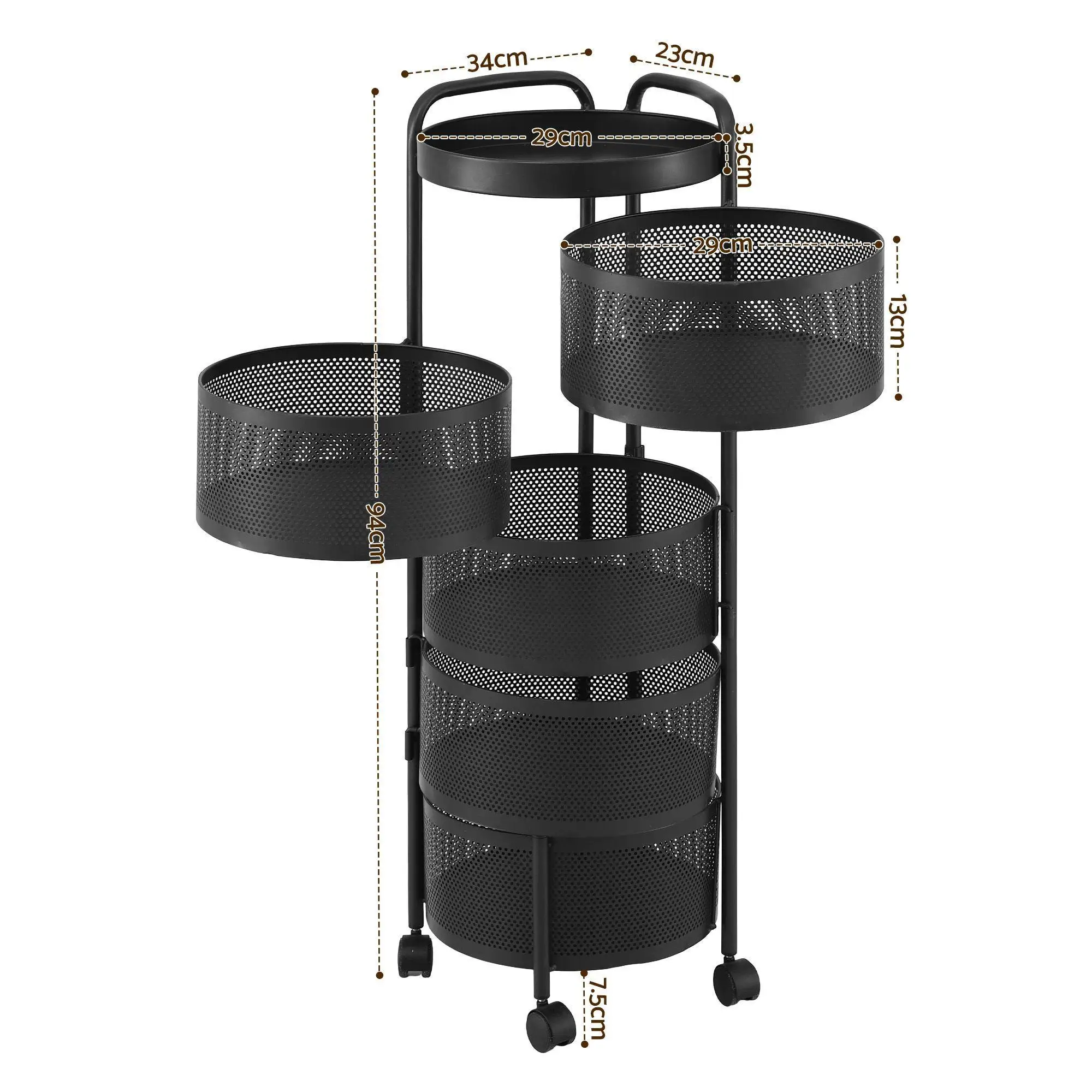 5 Tier Kitchen Storage Cart Round Basket Black Rolling Utility Rack for Home Organizer