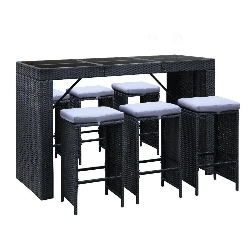 7 Piece Outdoor Patio Bar Set Wicker Dining Table and Stools Garden Furniture Set