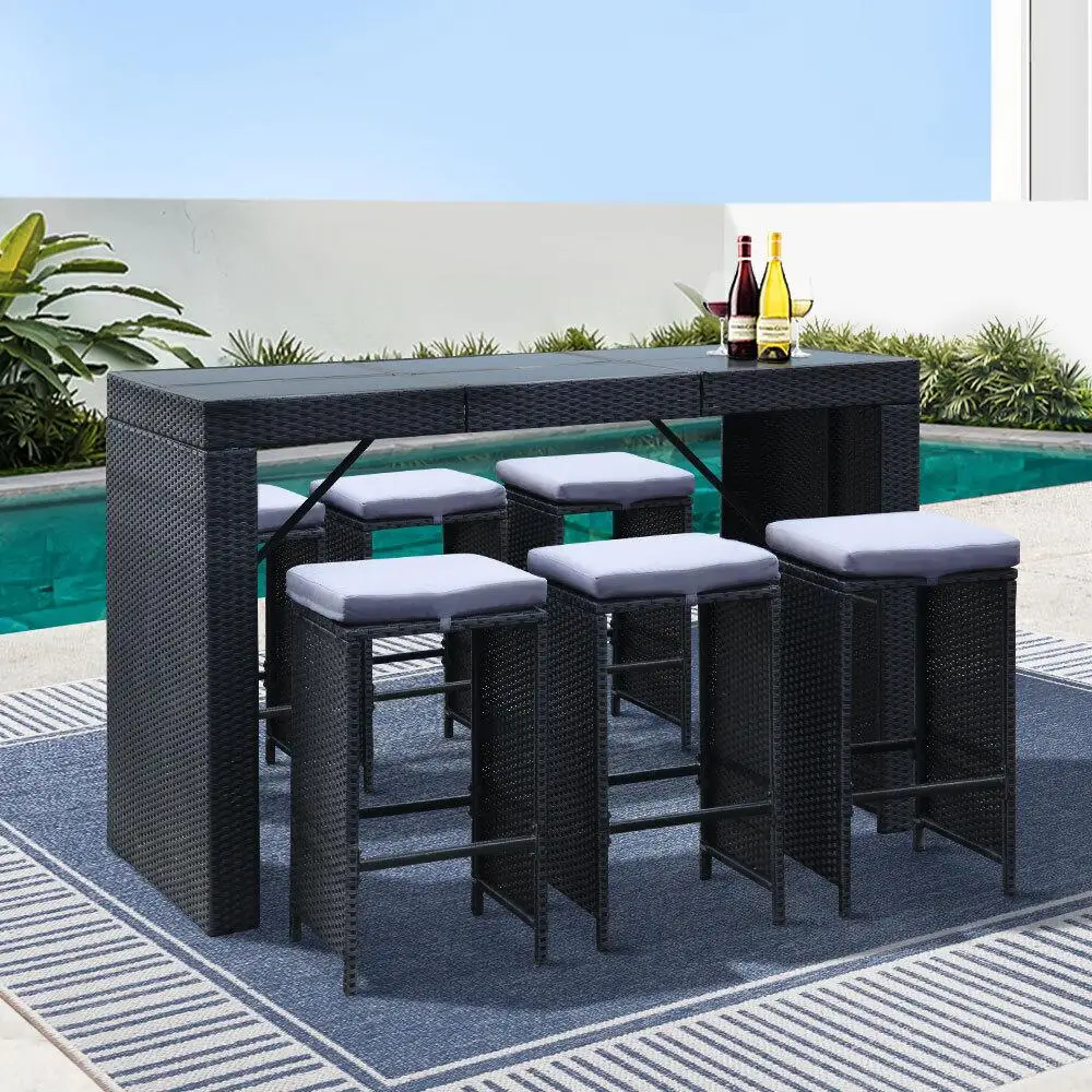 7 Piece Outdoor Patio Bar Set Wicker Dining Table and Stools Garden Furniture Set