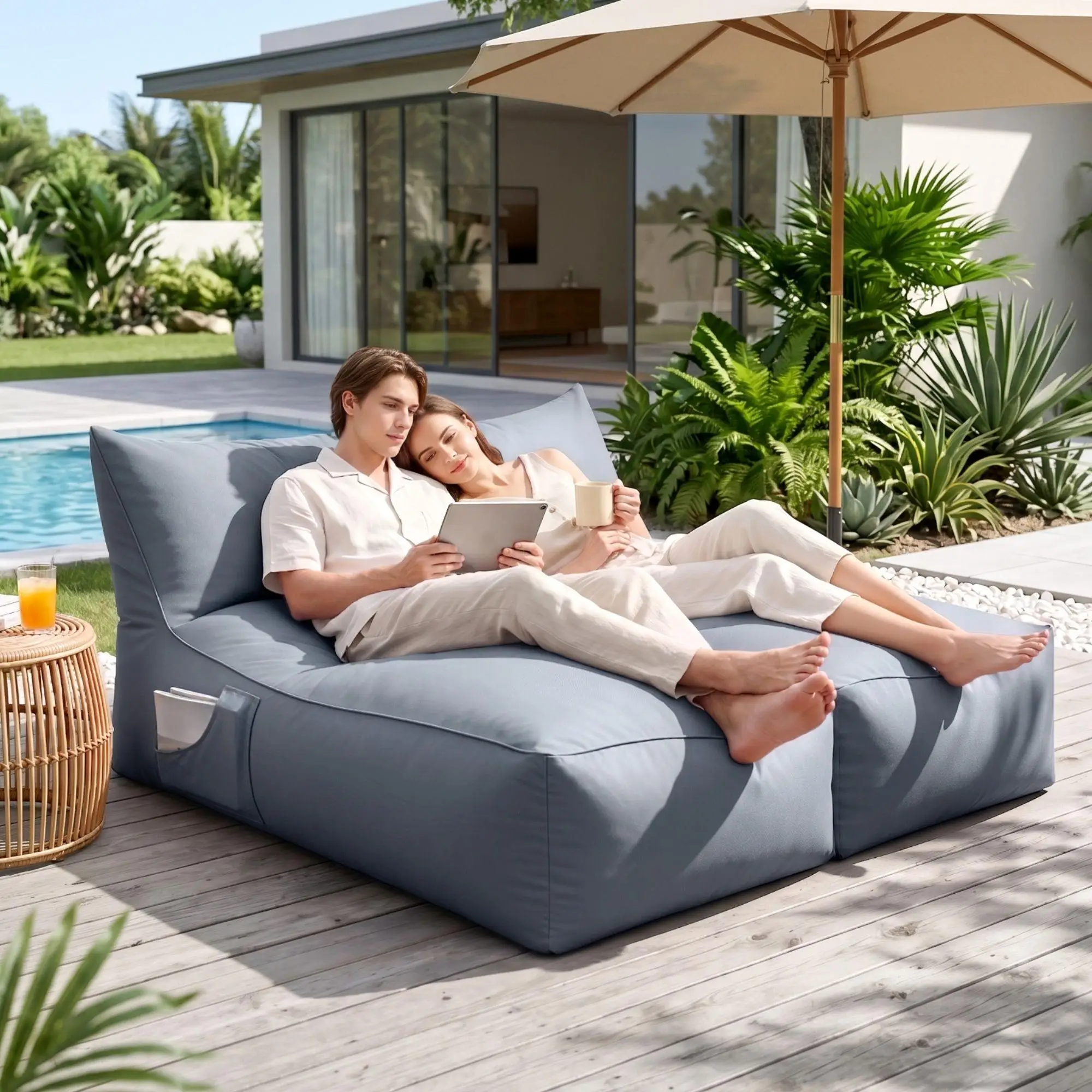Outdoor Bean Bag Chair Cover No Filler 2 Seater Splash Proof Large Lounge Sofa Cover for Adults for patio Poolside Indoor Grey