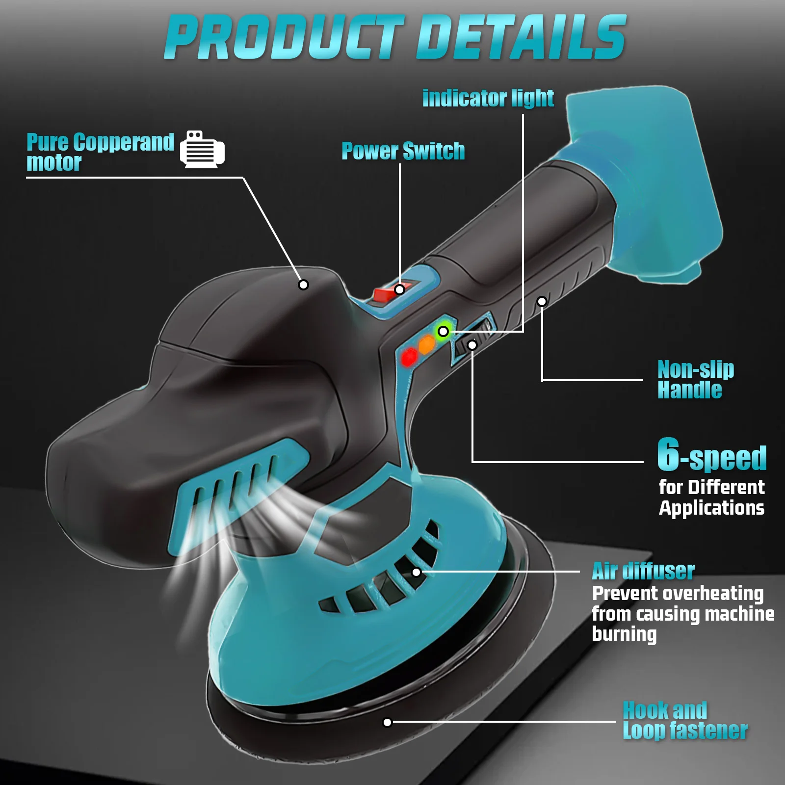 Cordless Car Polisher 6 Speed Dual Action Electric Buffer Waxing Sanding Machine Power Tool For Makita 18V Battery 2 Batteries