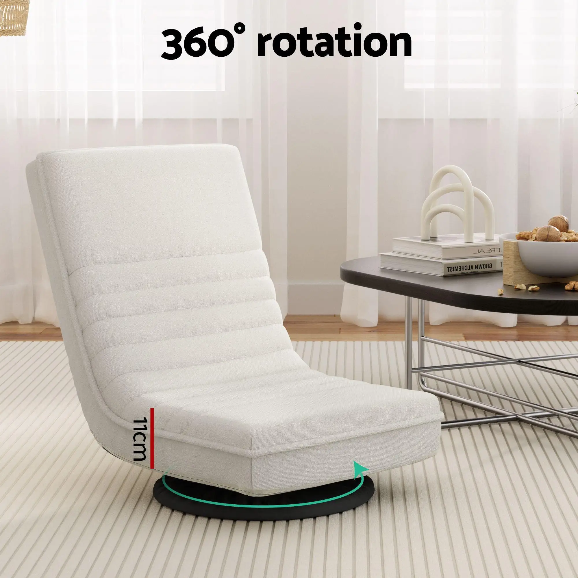 Modern Floor Lounge Chair and Coffee Table Set Swivel Foldable Linen Sofa Chair White C Shaped Side Table Walnut