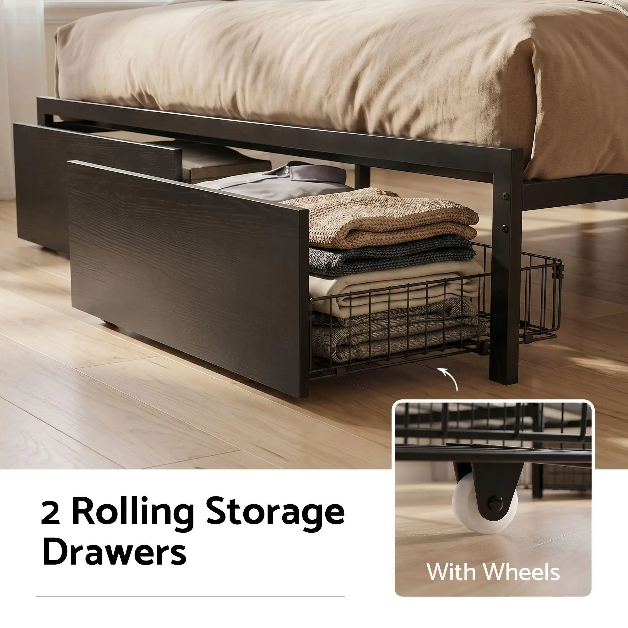 King Bed Frame with Charging Station Storage Drawers LED Lights Storage Organizer Platform Bed