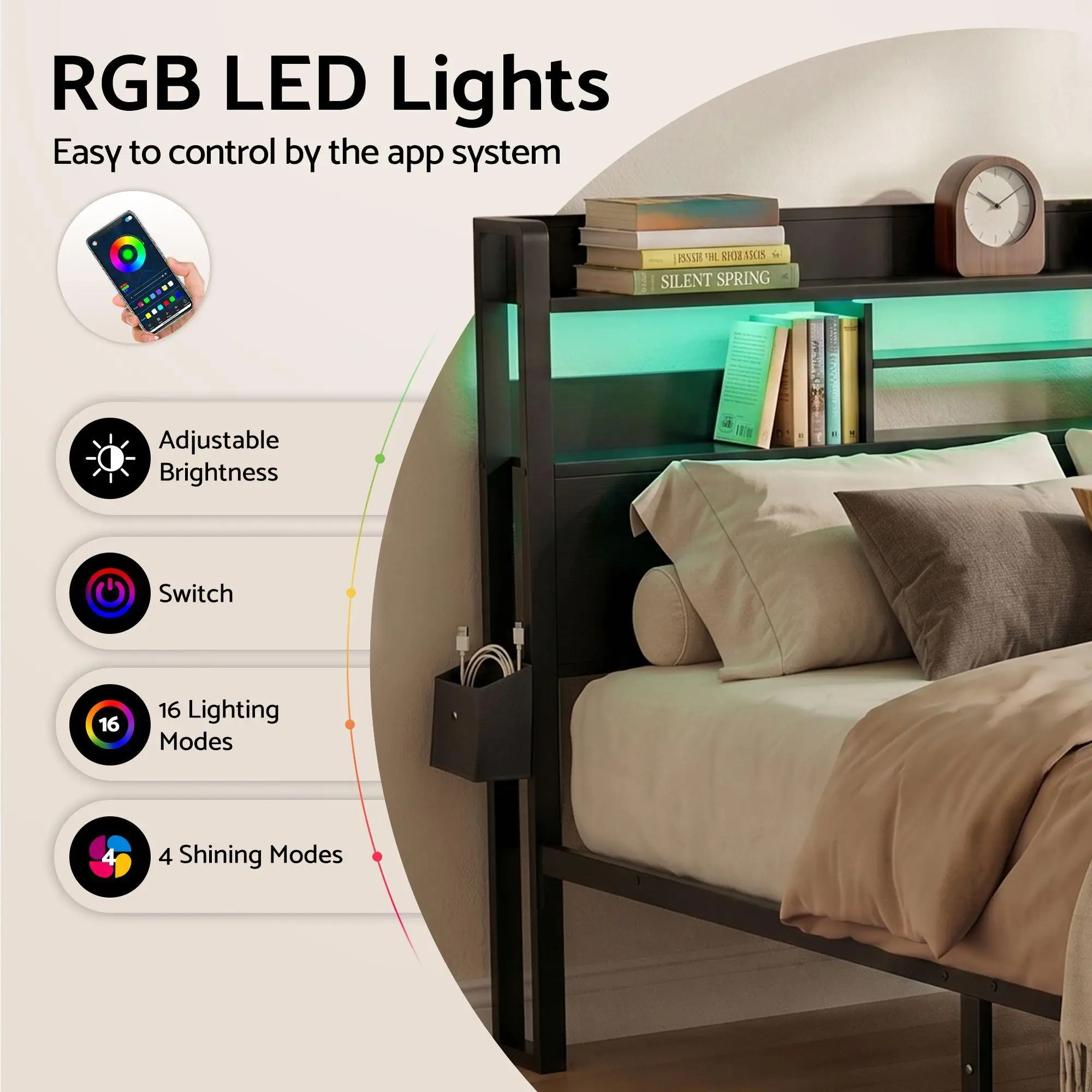 King Bed Frame with Charging Station Storage Drawers LED Lights Storage Organizer Platform Bed