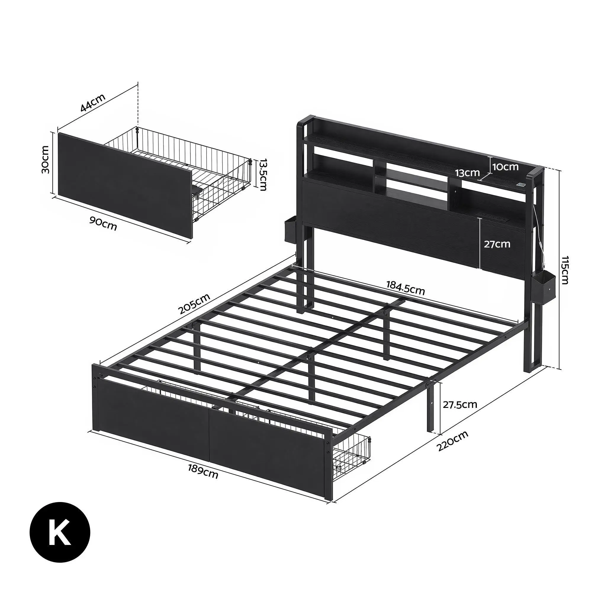King Bed Frame with Charging Station Storage Drawers LED Lights Storage Organizer Platform Bed